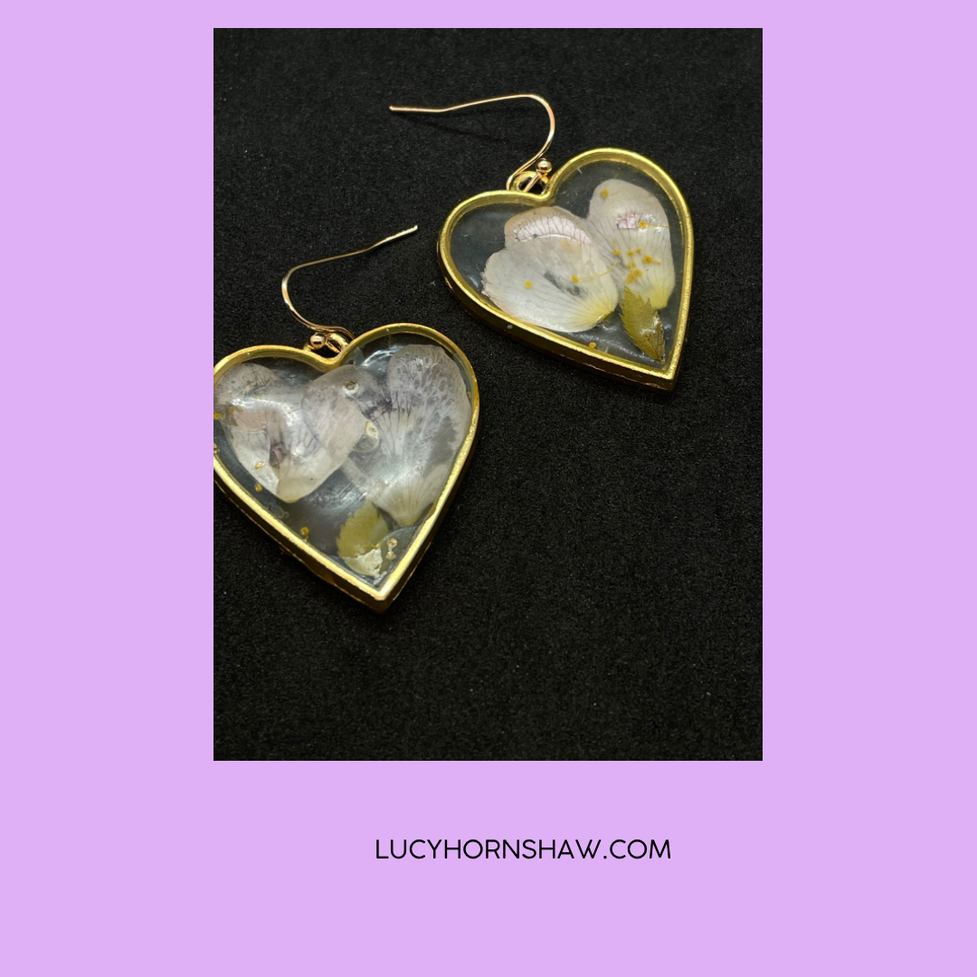 Wild Rose & resin heart earrings