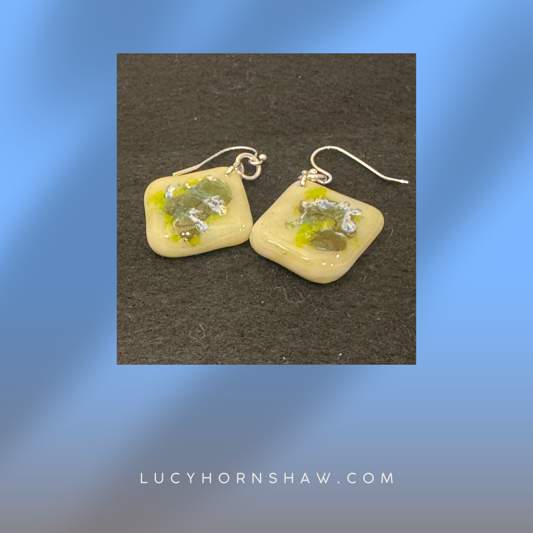 Cream , green and black rhombus fused glass drop earrings