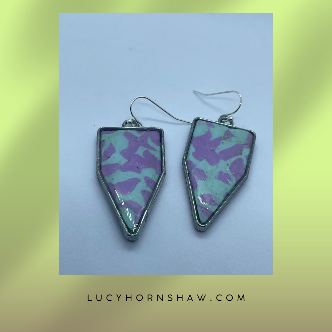 Blue & lilac polygon, polymer clay drop earrings