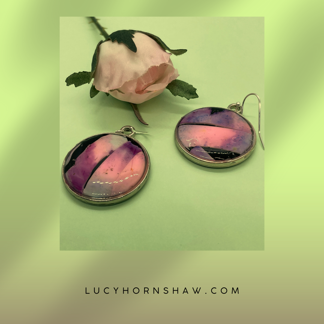 Pink, purple and black disc polymer clay drop earrings