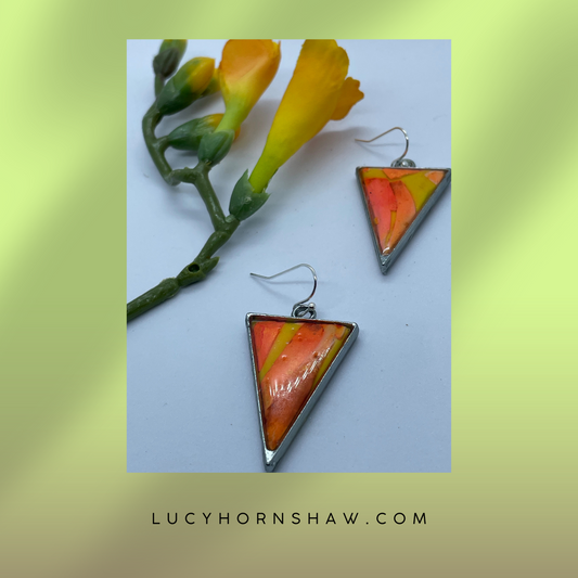 Orange & yellow inverted triangle polymer clay drop earrings