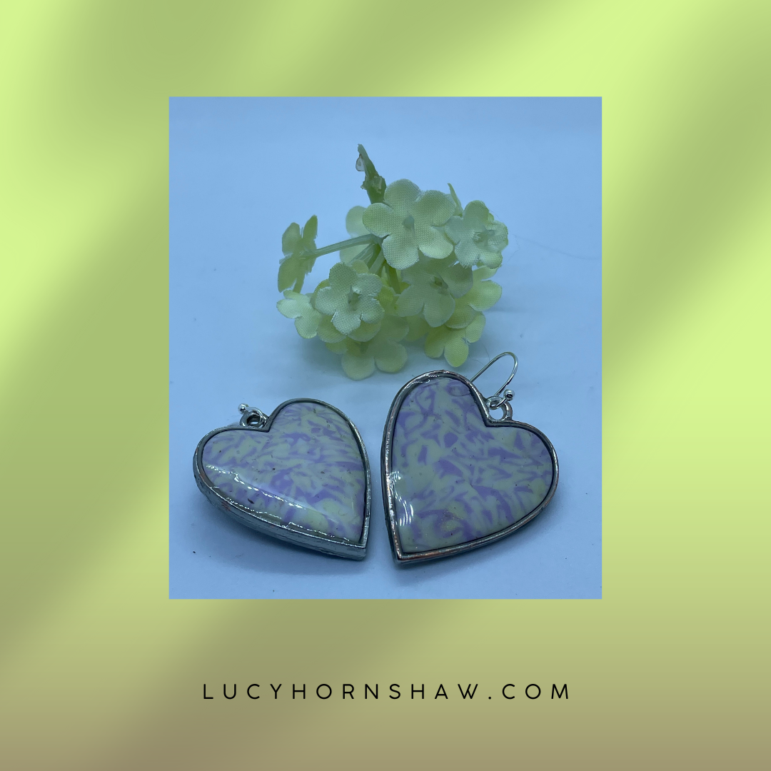 Lilac & cream heart, in silver casing, polymer clay drop earrings