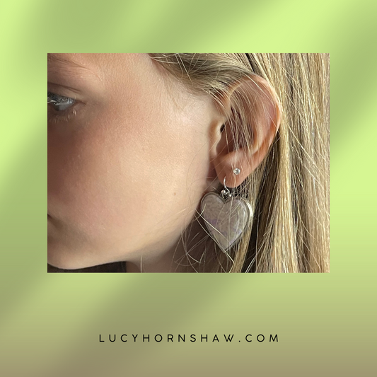 Lilac & cream heart, in silver casing, polymer clay drop earrings