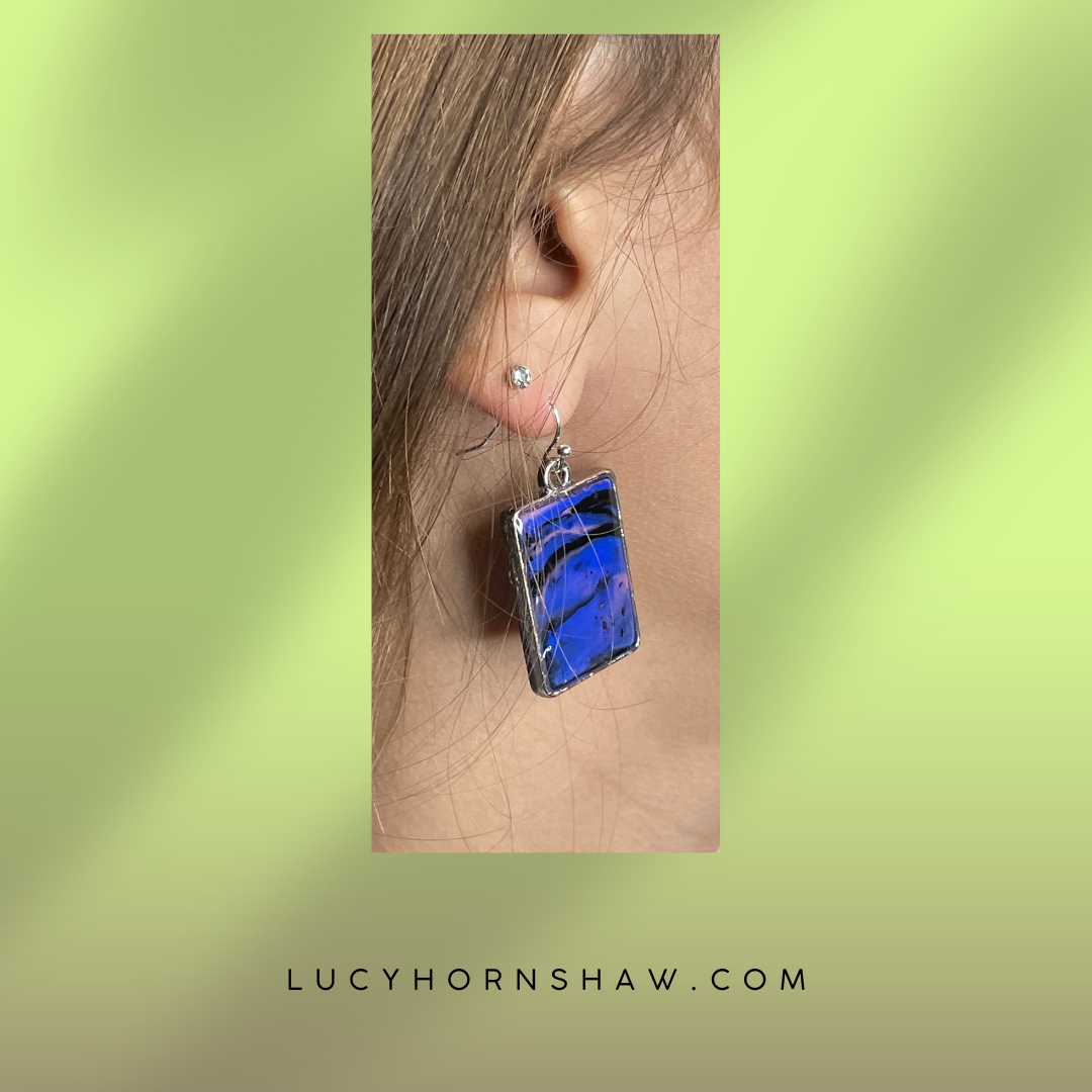 Blue & black oblong, in silver casing, polymer clay, drop earrings