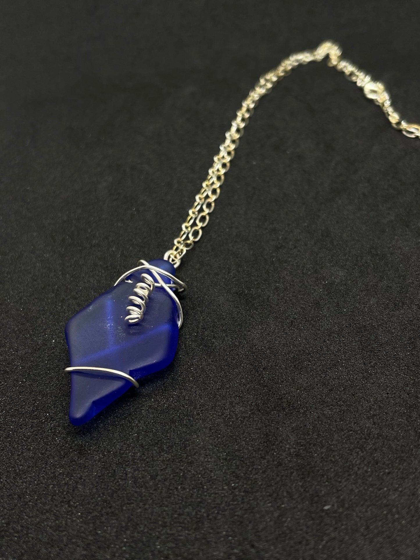 Blue seaglass and silver wire wrap necklace
