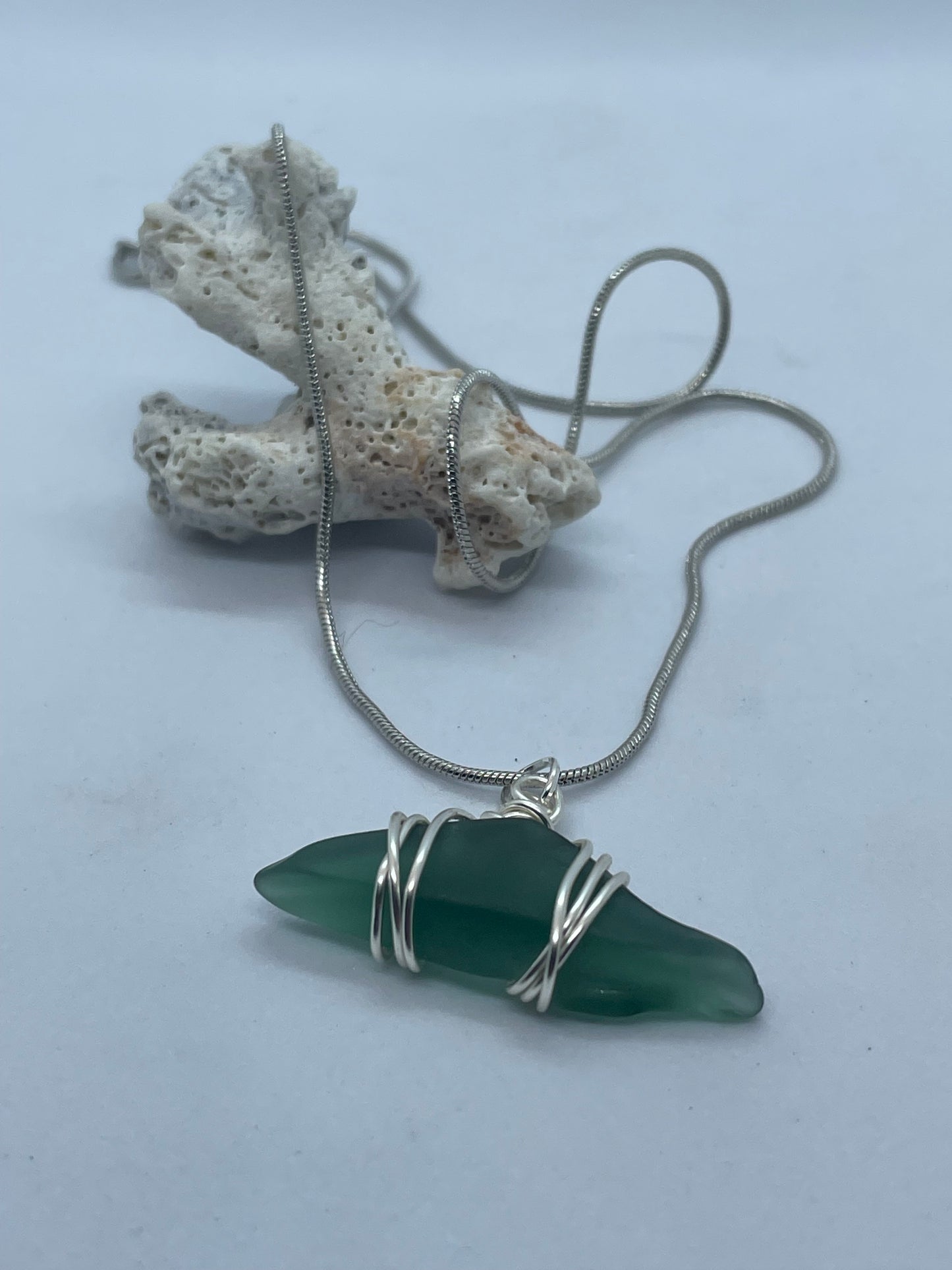 Green seaglass necklace with silver wrap