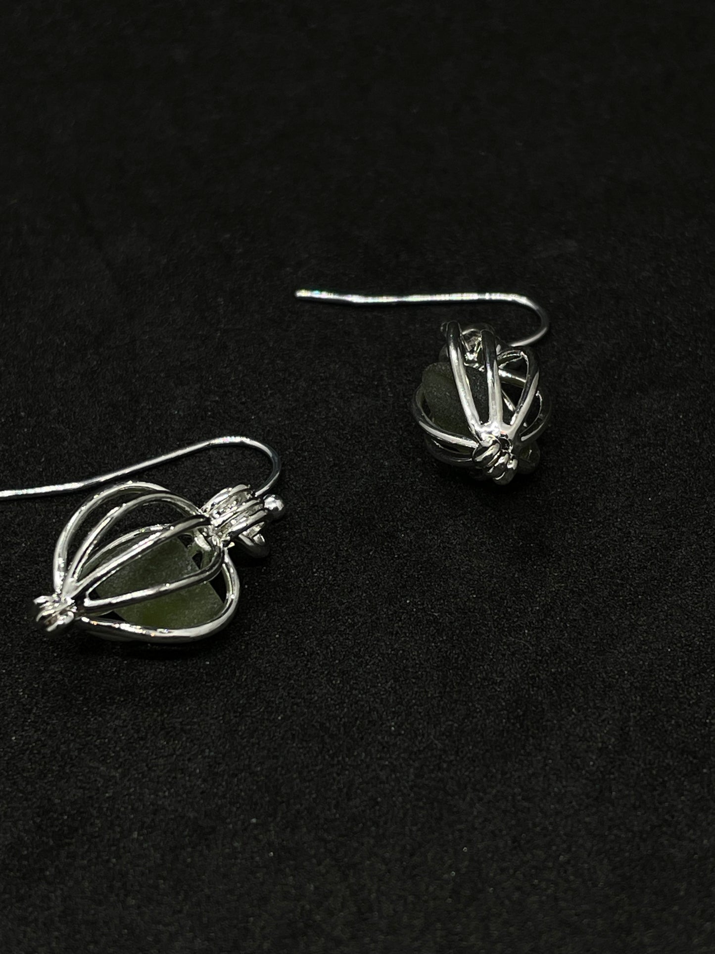 Green Seaglass in silver cage drop earrings