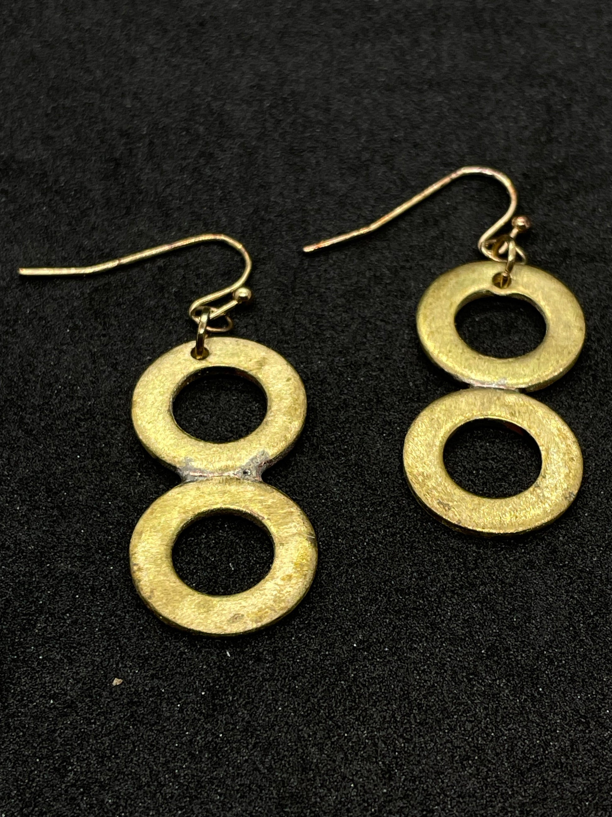 Gold plated double ring brass drop earrings