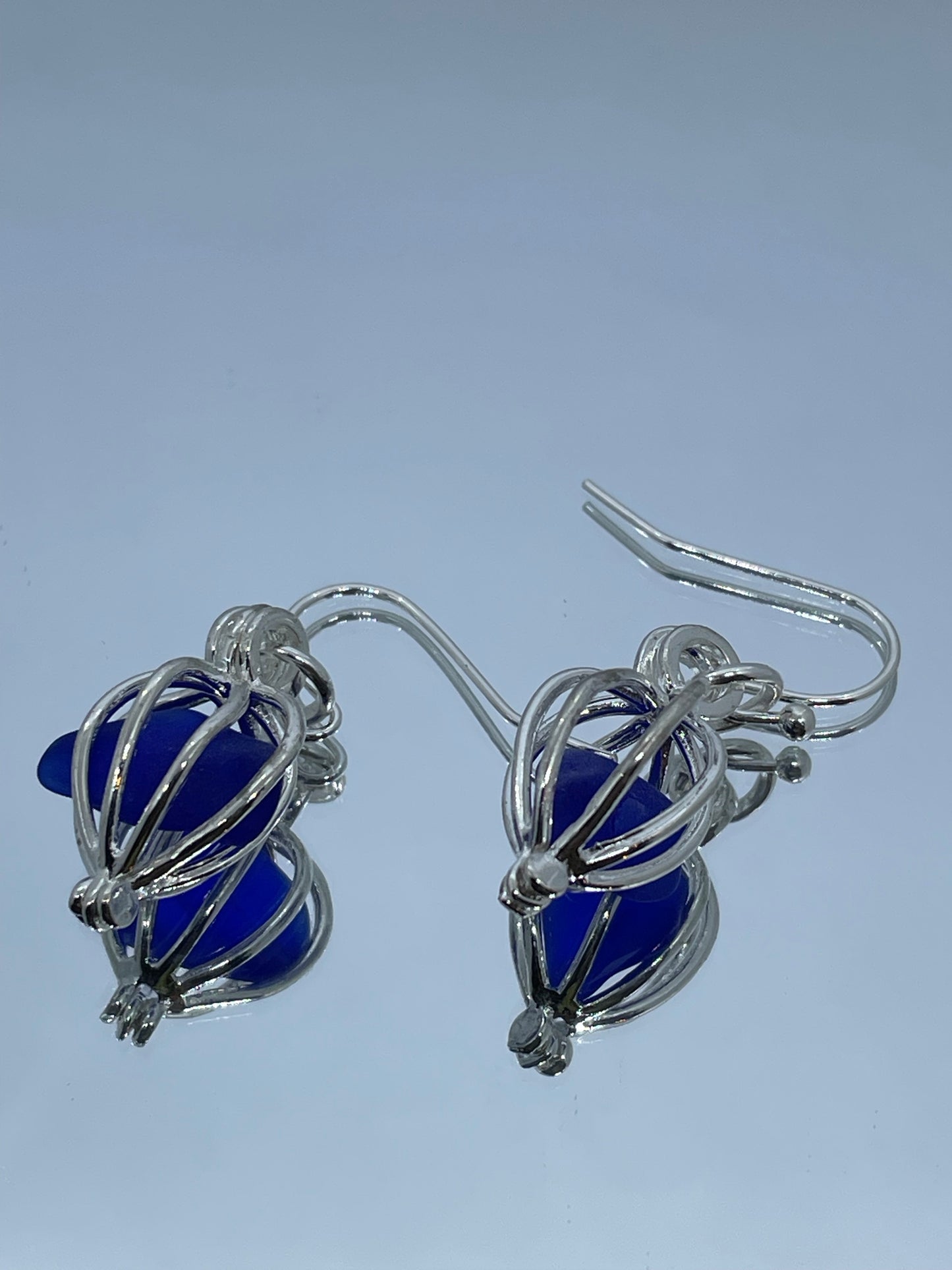 Blue Seaglass in silver cage drop earrings