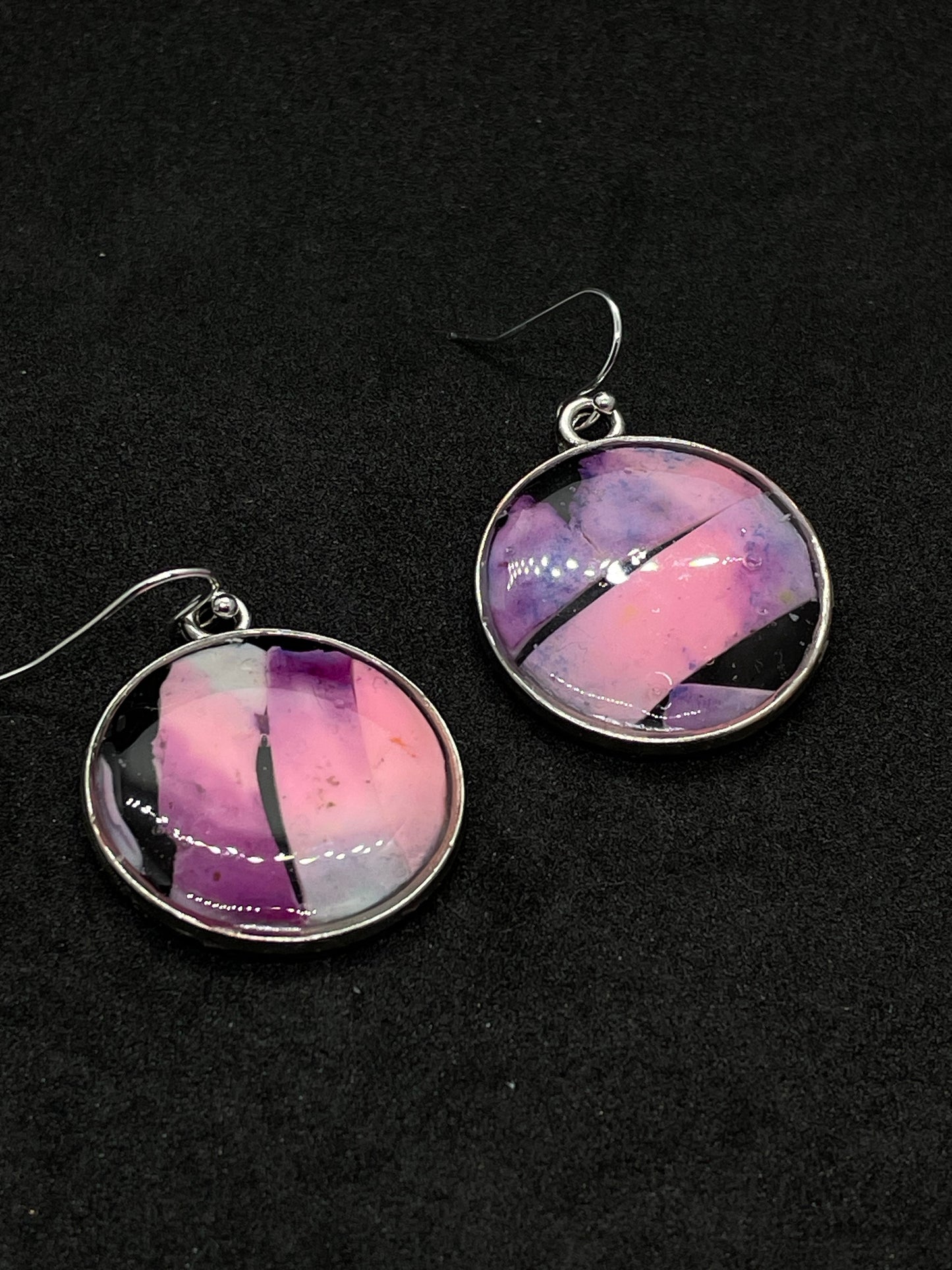 Pink, purple and black disc polymer clay drop earrings