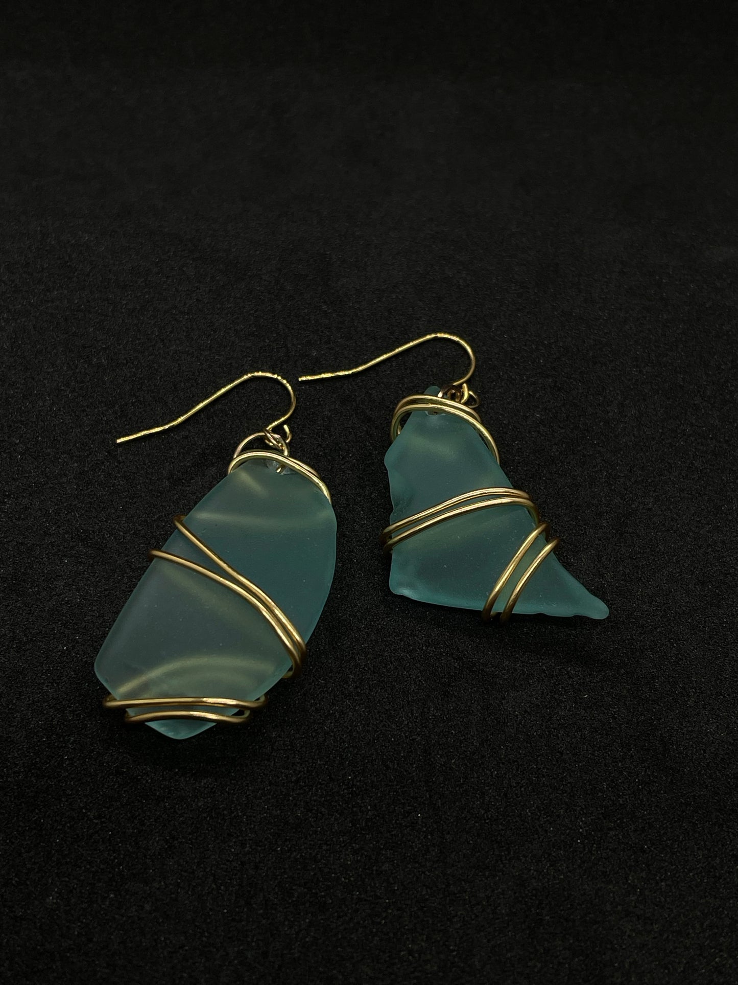 Turquoise Seaglass with gold wire wrap drop earrings
