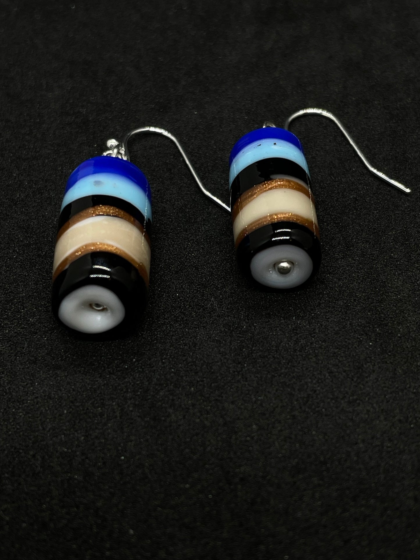 Blue, black and white cylinder drop earrings