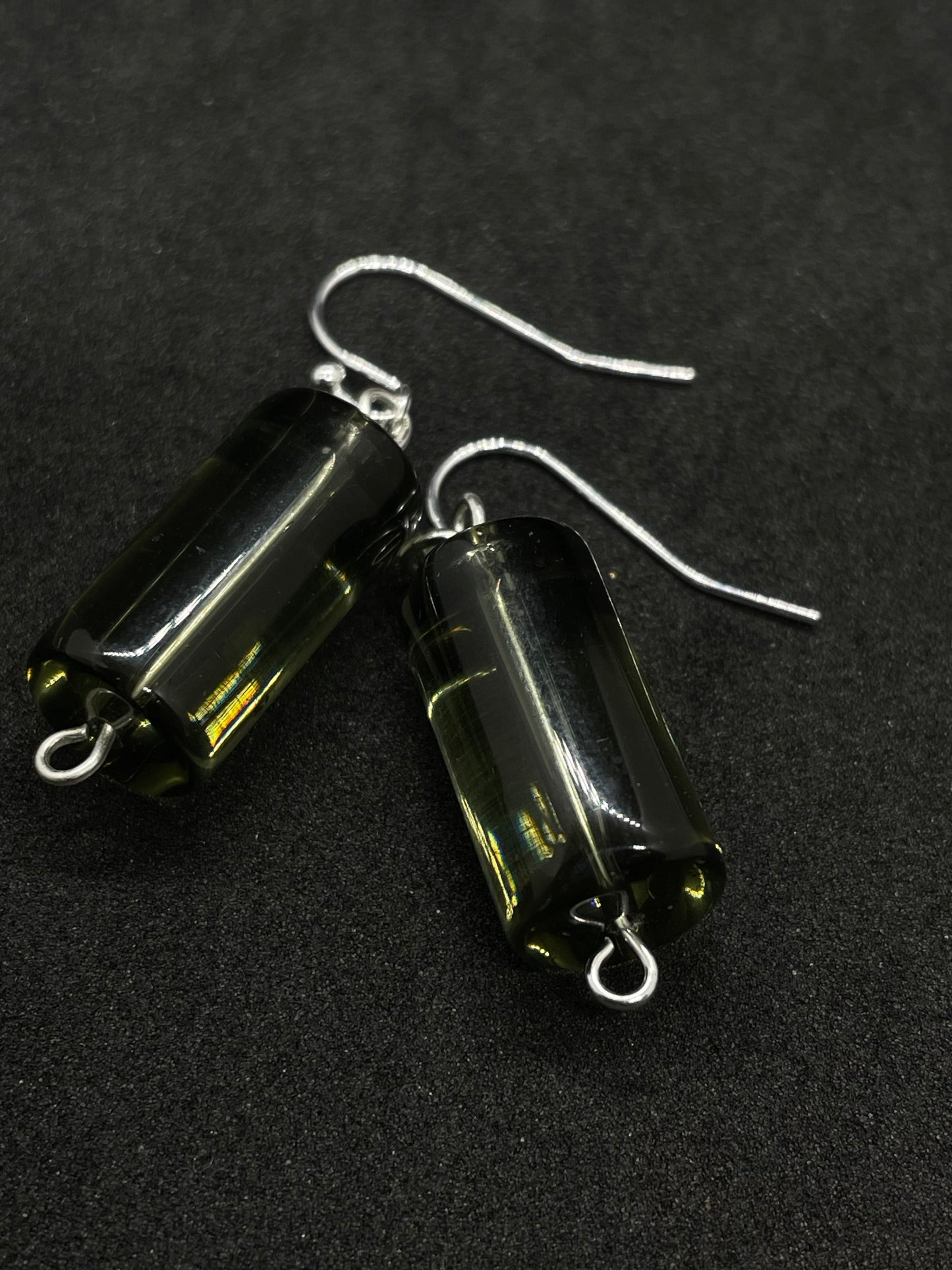 Grey glass cylinder bead drop earrings