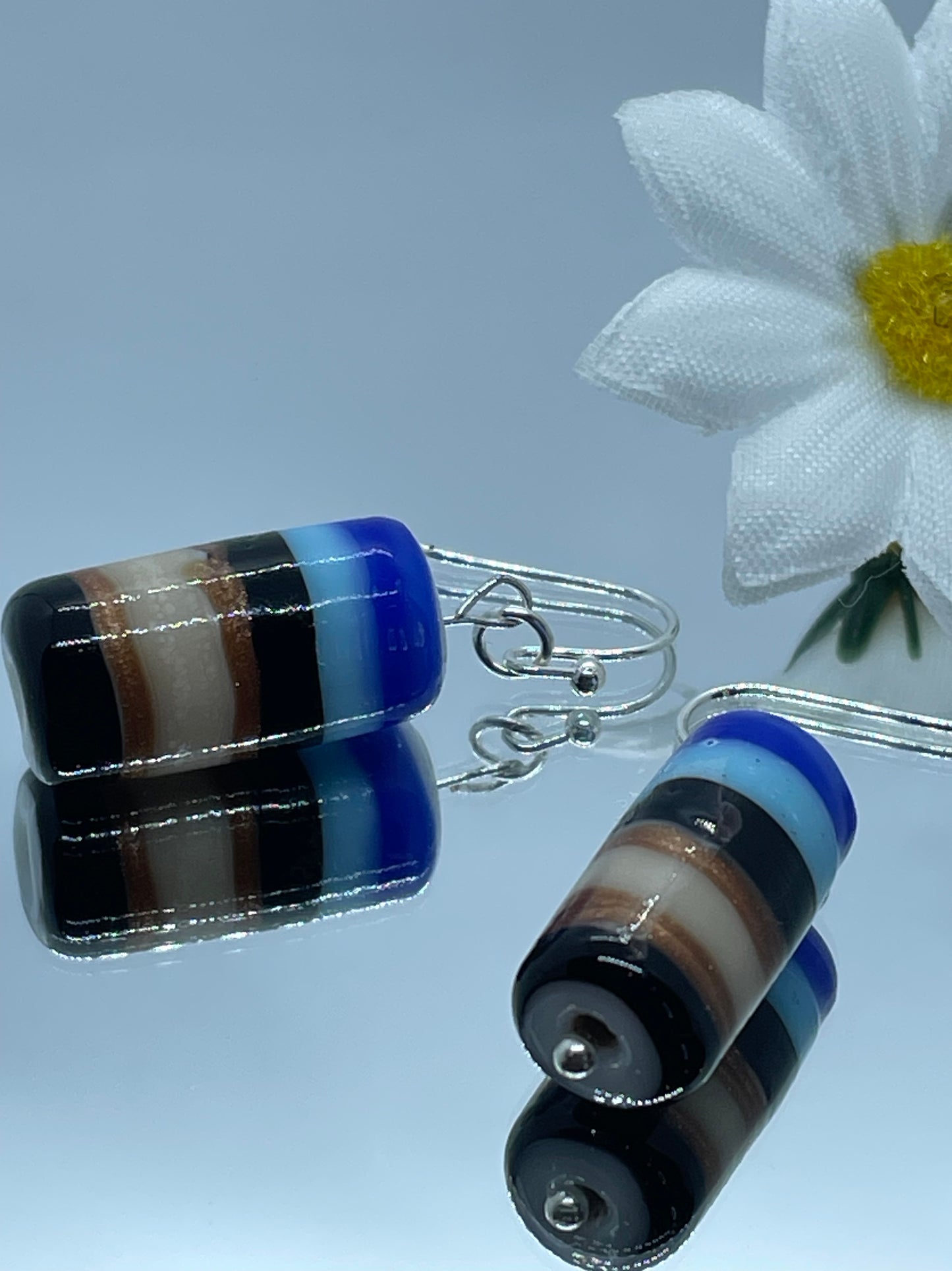 Blue, black and white cylinder drop earrings