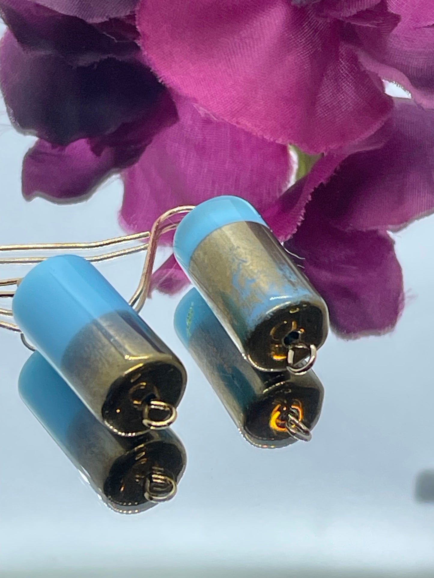 Blue and gold glass cylinder drop earrings