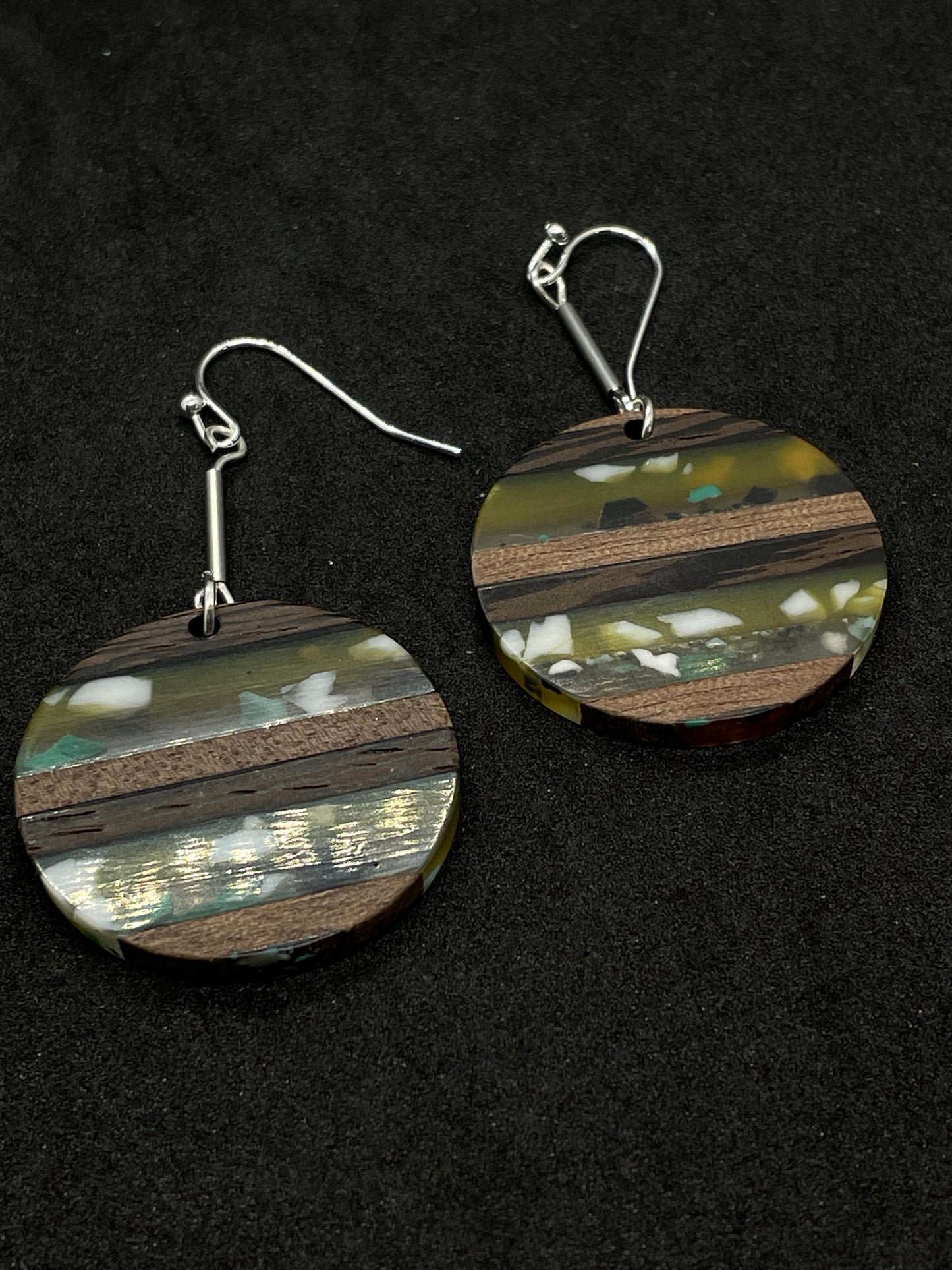 Wooden disc with resin detail drop earrings - greens, clear black & white resin