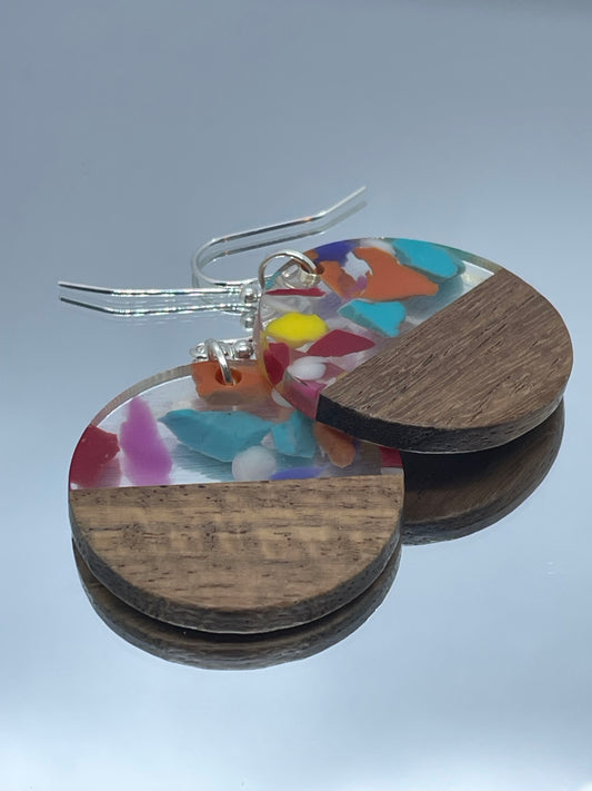 Wooden disc with multi-coloured resin detail short or medium drop, drop earrings