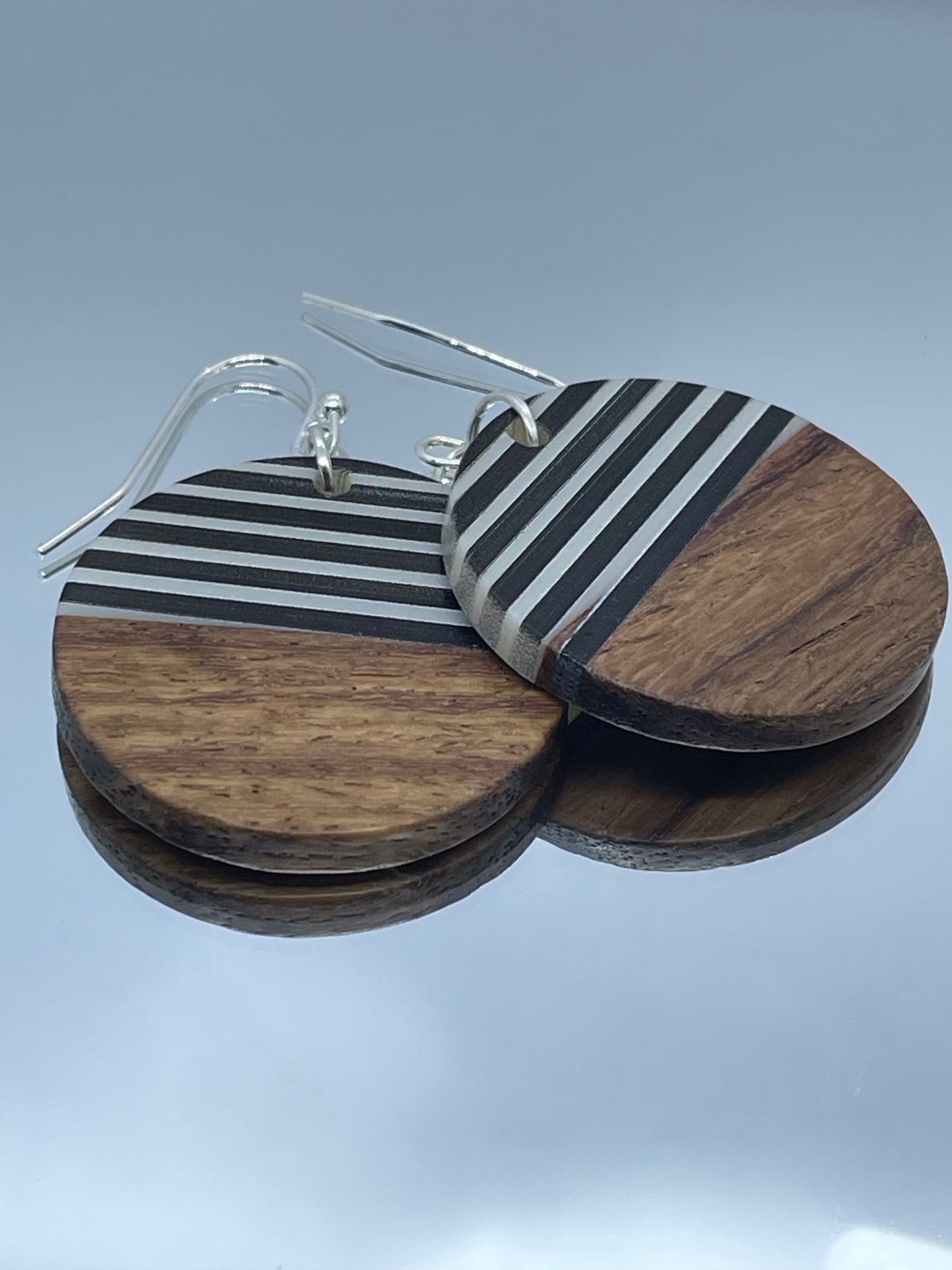 Wooden disc with black & white resin drop earrings