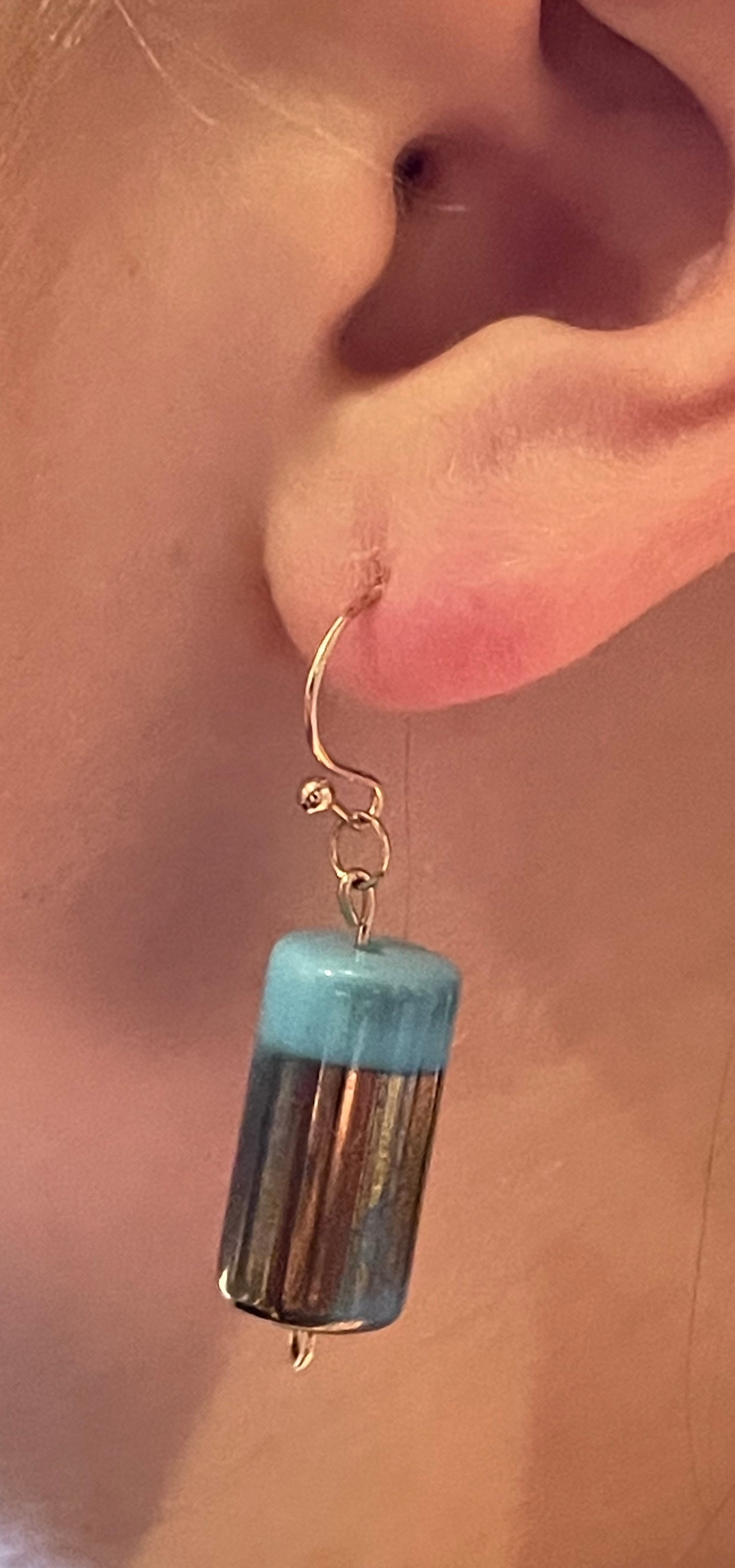Blue and gold glass cylinder drop earrings
