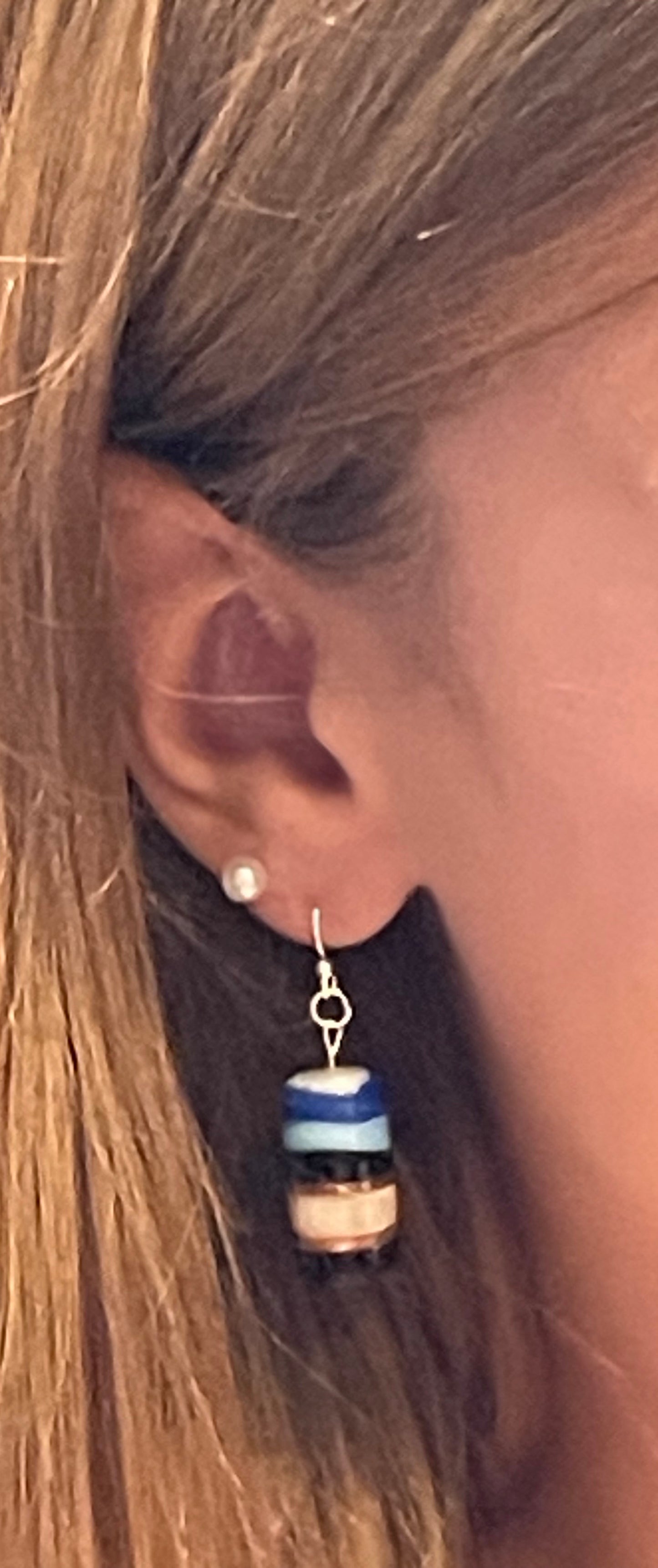 Blue, black and white cylinder drop earrings
