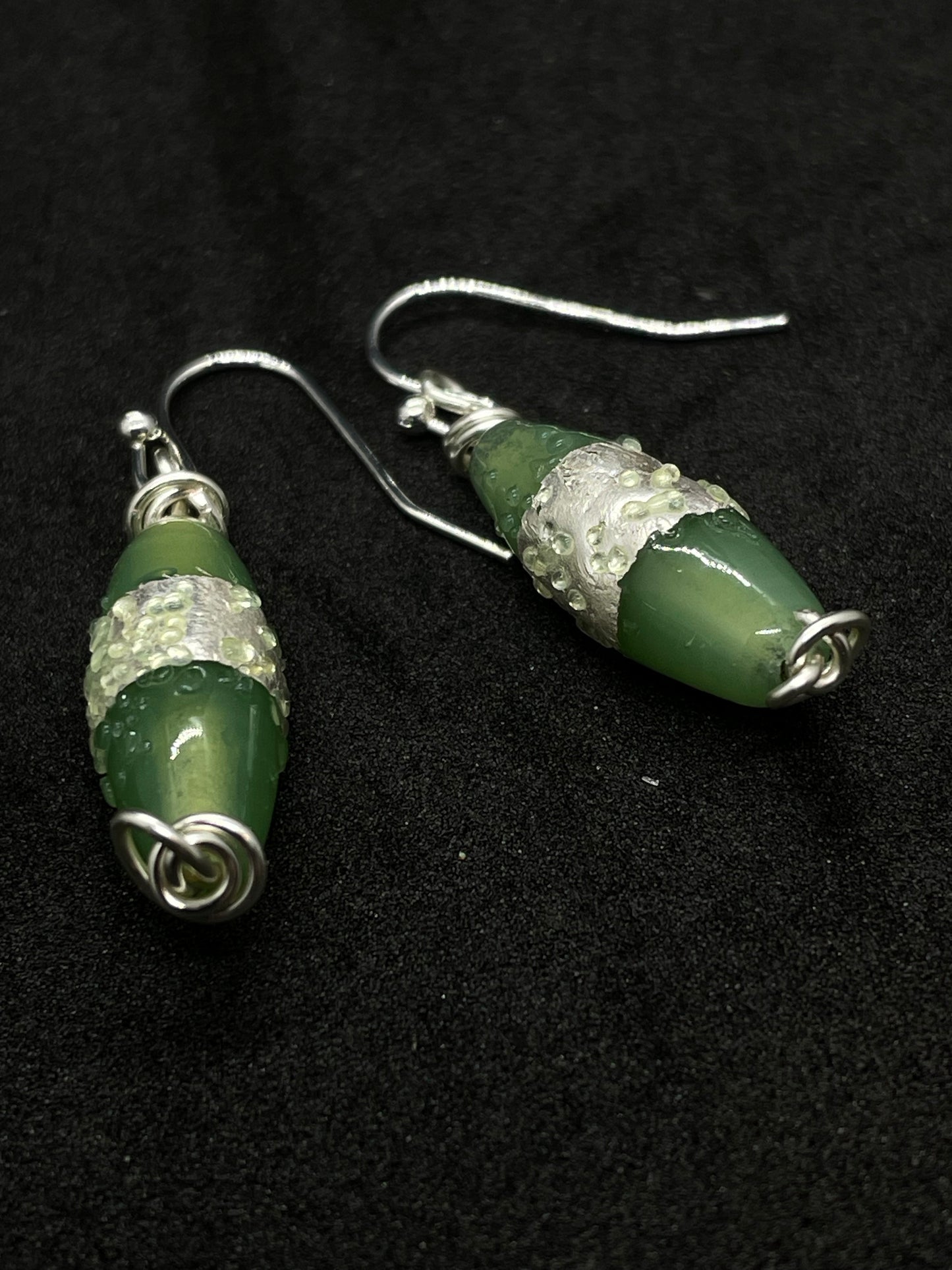 Green glass with silver detail drop earrings