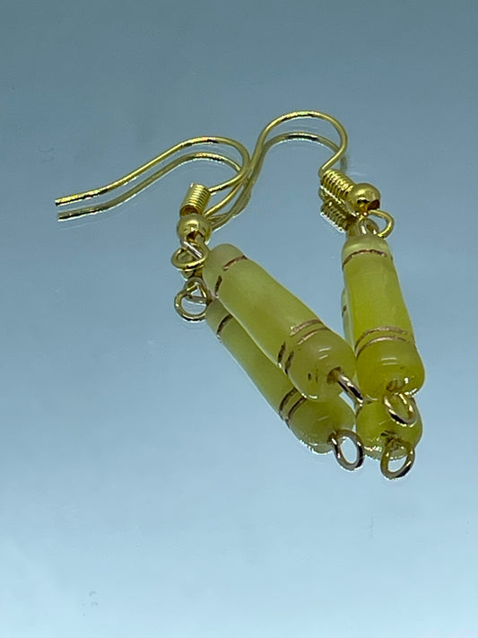 Lime green glass cylinder with gold rings, drop earrings