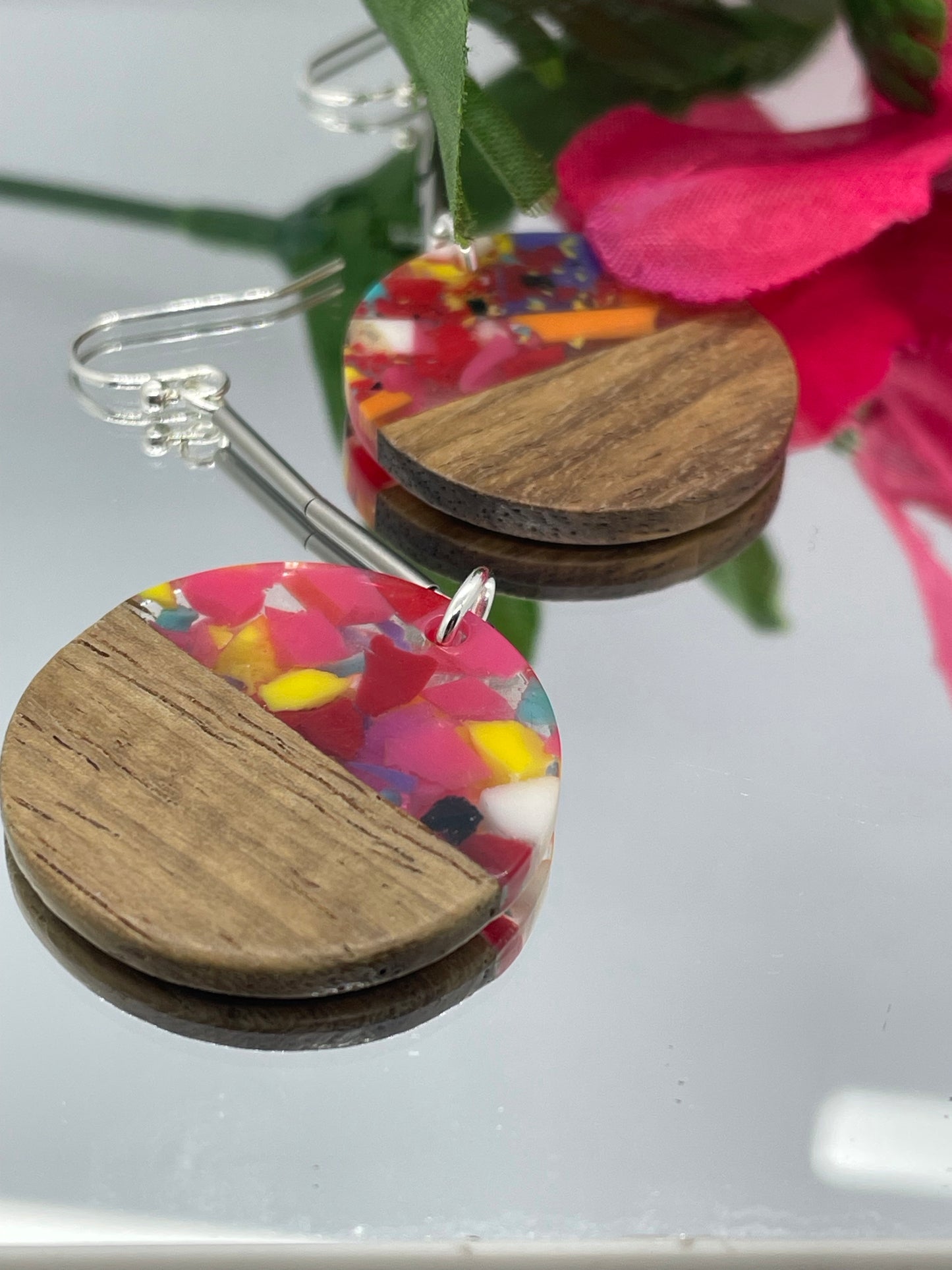Wooden disc with multi-coloured resin detail short or medium drop, drop earrings