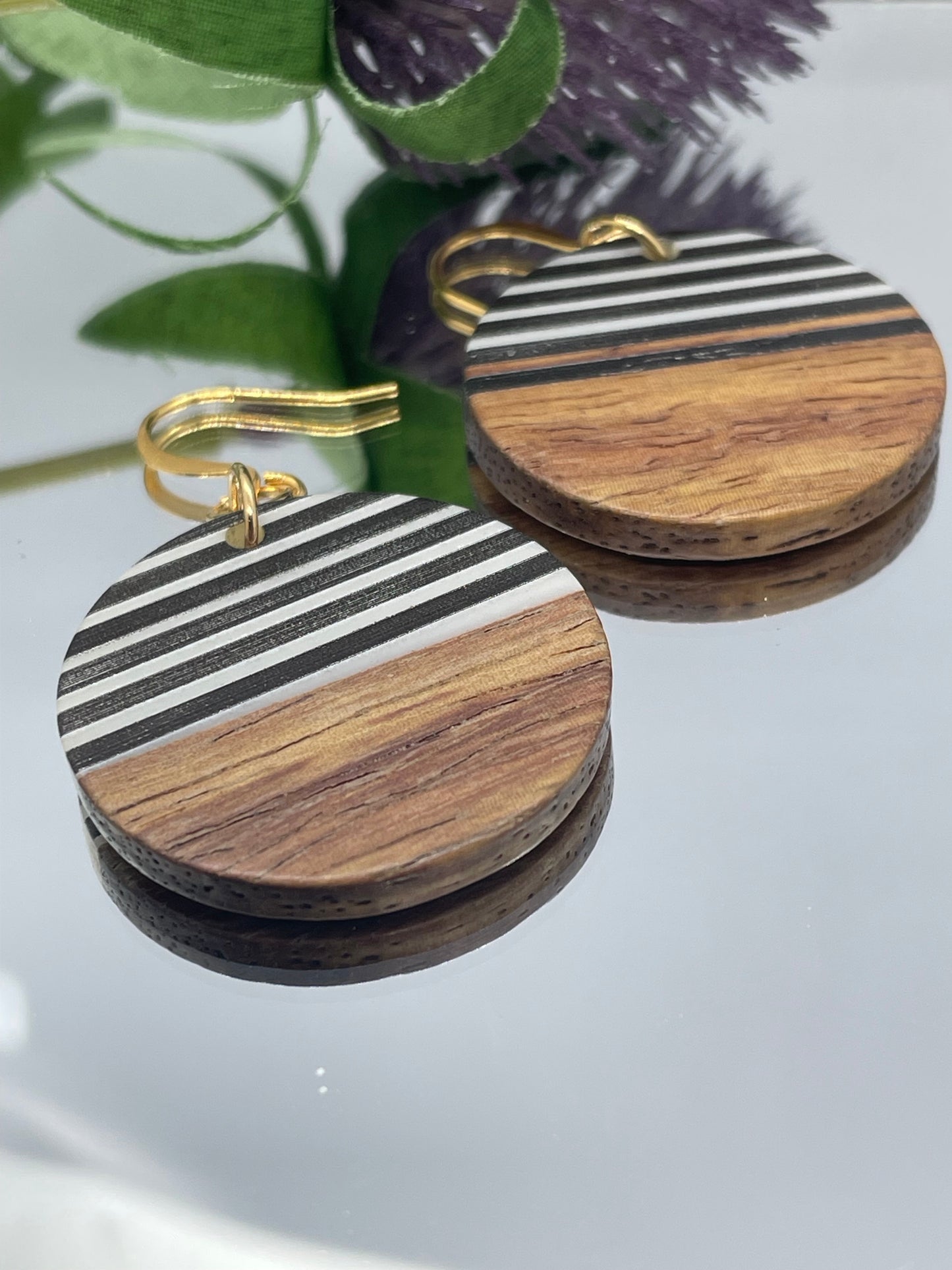 Wooden disc with black & white resin drop earrings