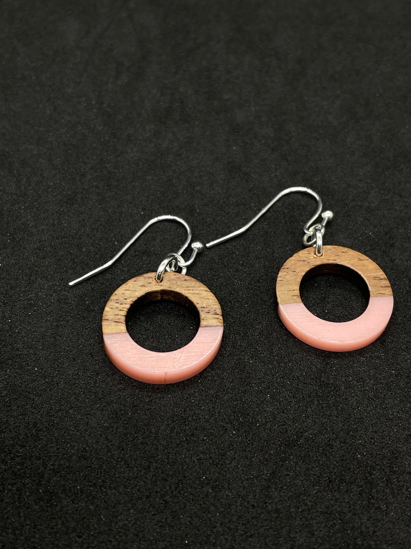 Pink resin and walnut ring drop earrings