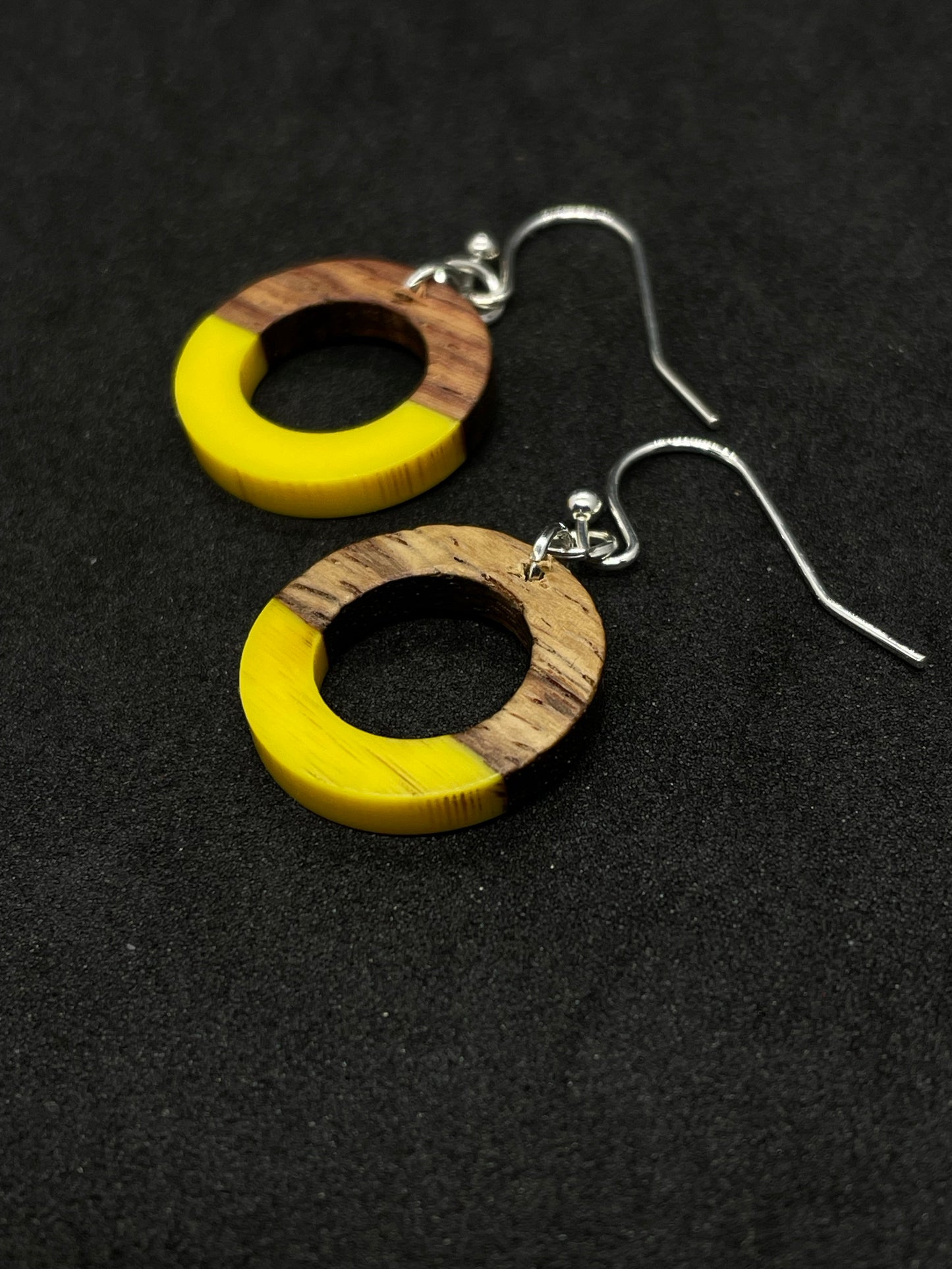 Yellow resin and walnut ring drop earrings