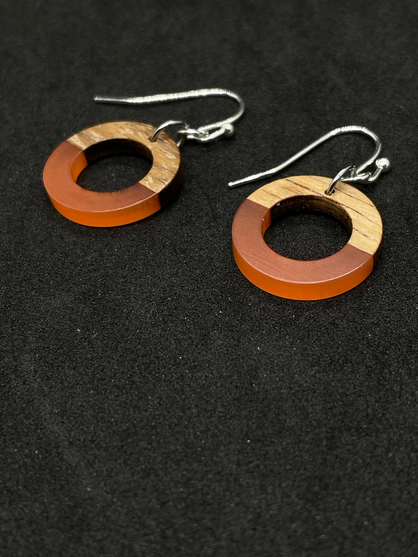 Orange resin and walnut ring drop earrings
