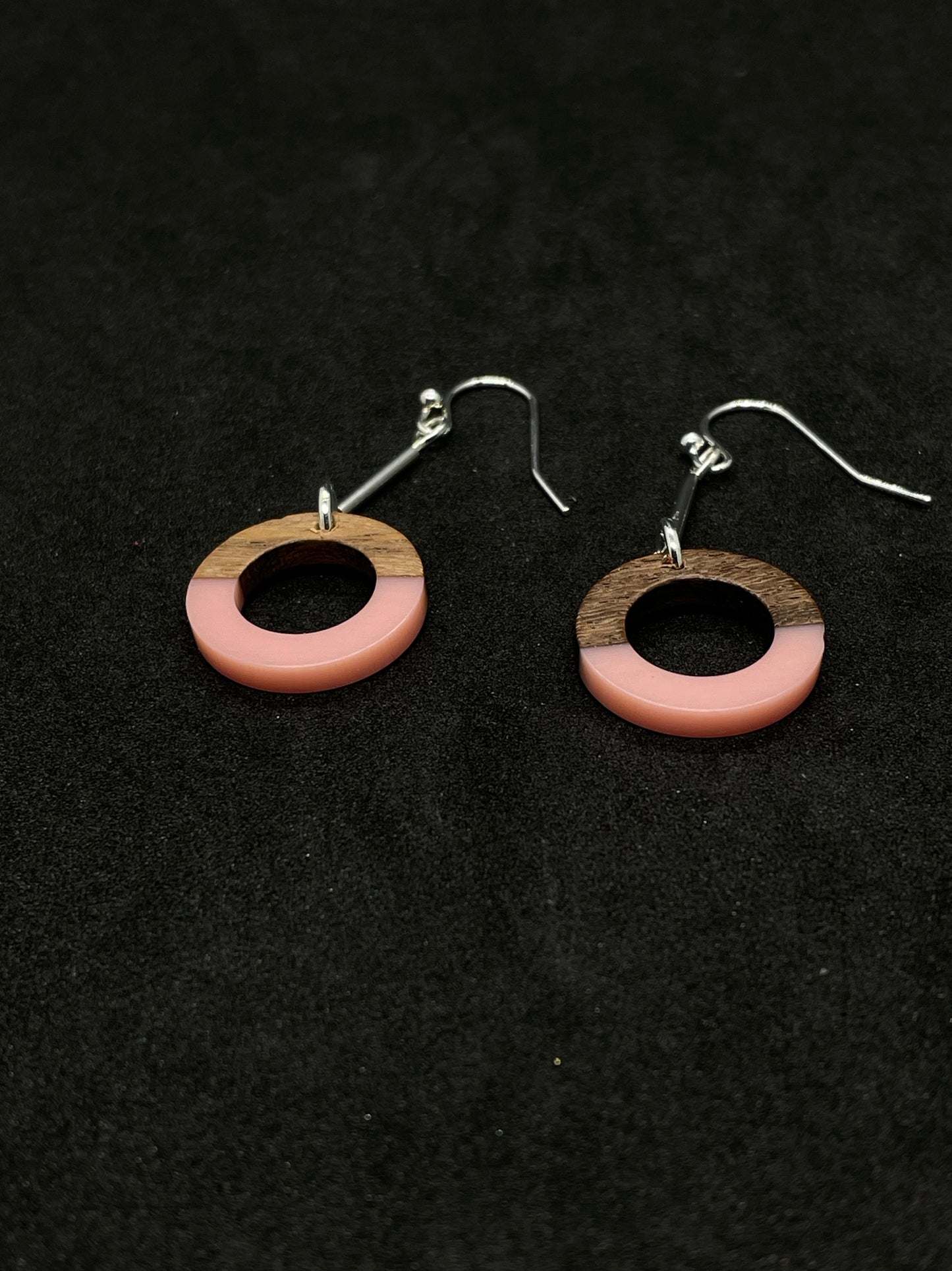 Pink resin and walnut ring drop earrings