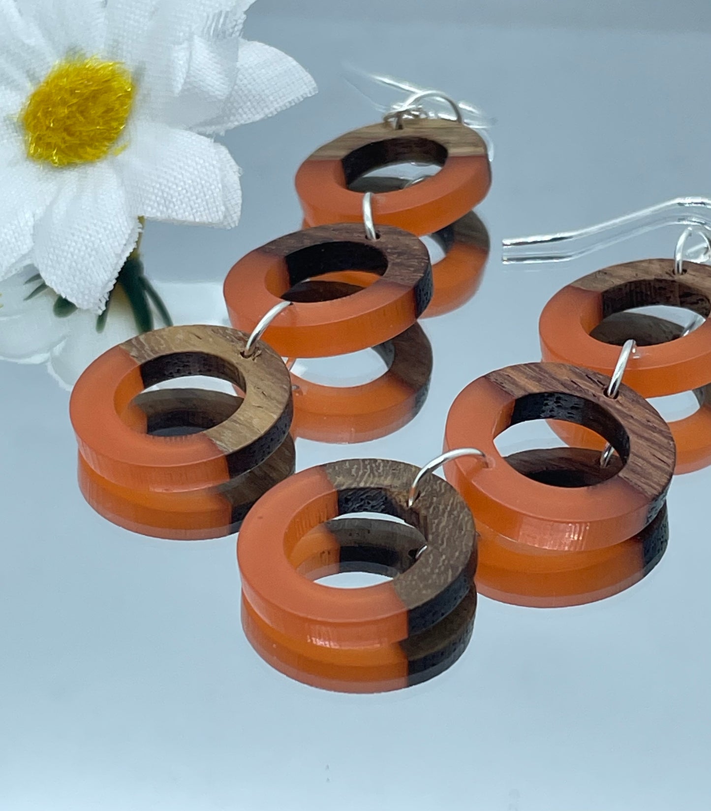 Orange resin and walnut ring drop earrings