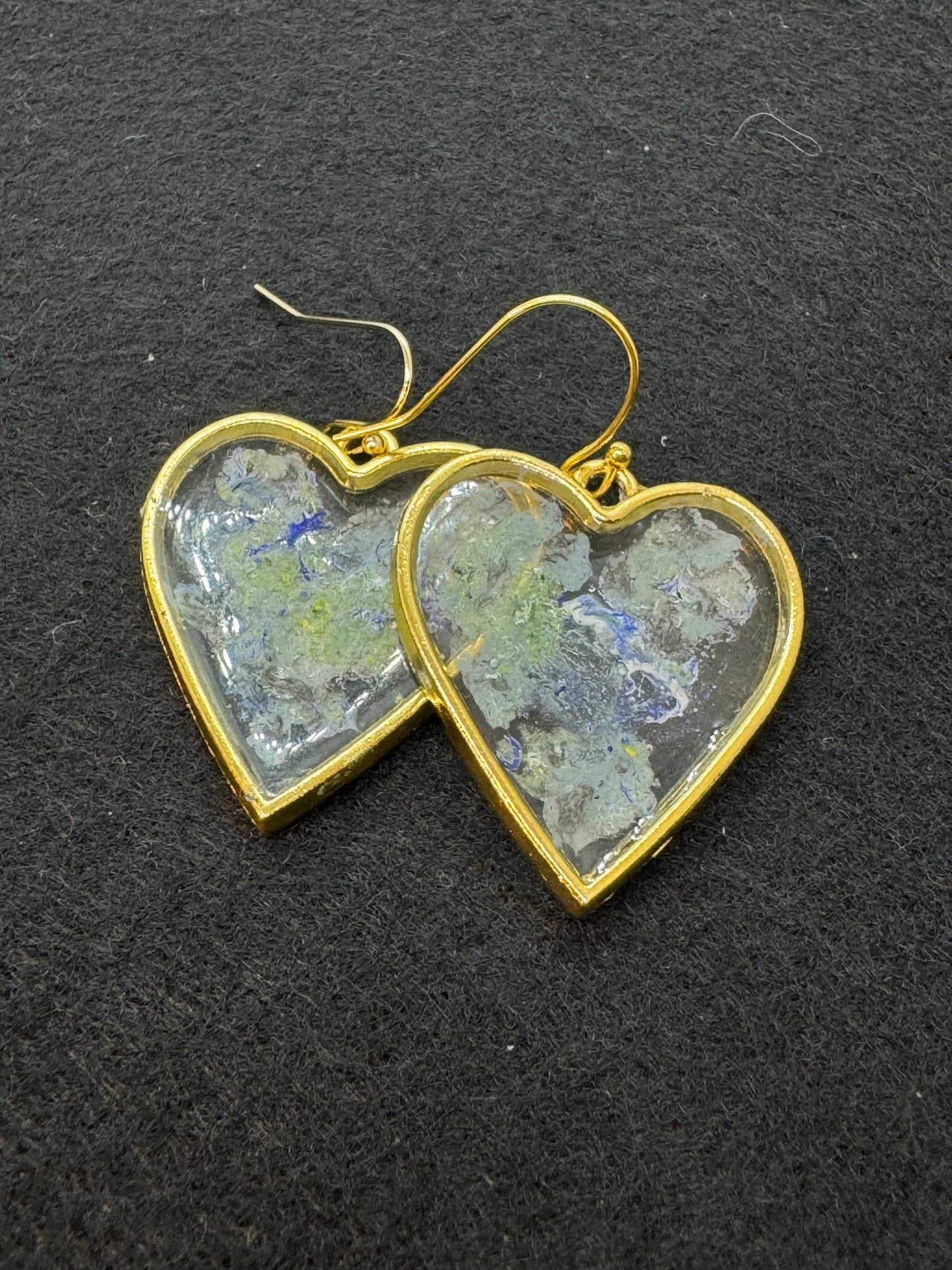 Green and clear heart drop earrings