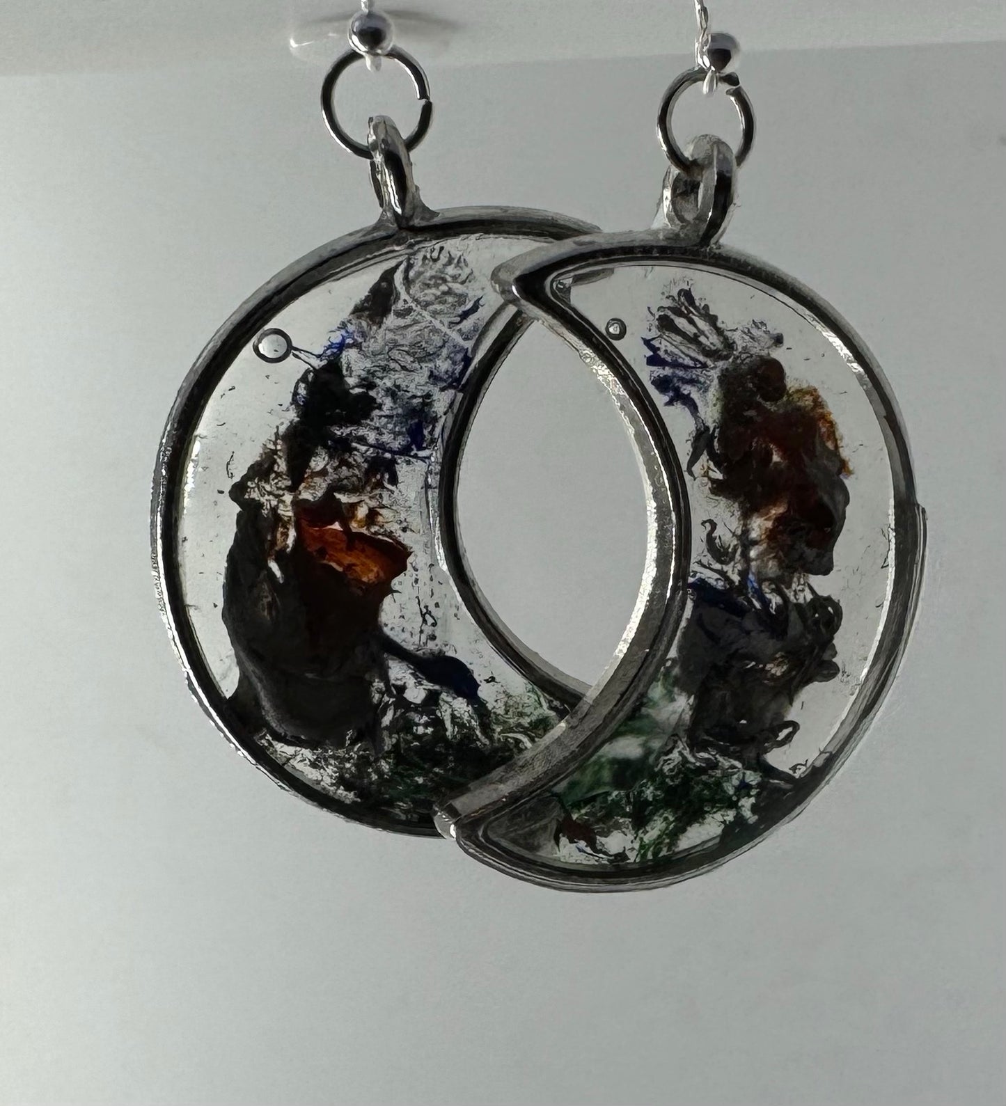 Silver red & back in clear moon shaped drop earrings