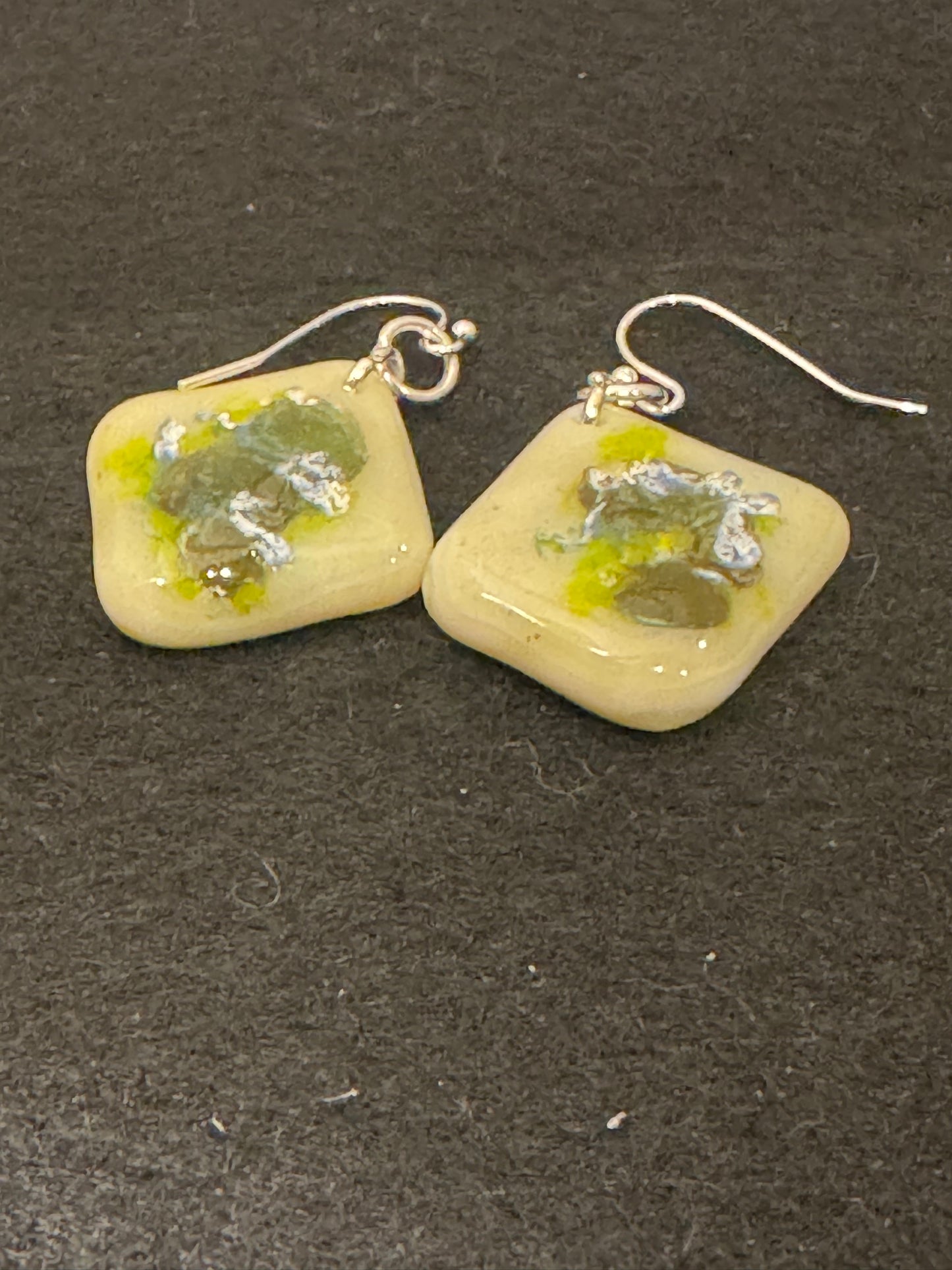 Cream , green and black rhombus fused glass drop earrings