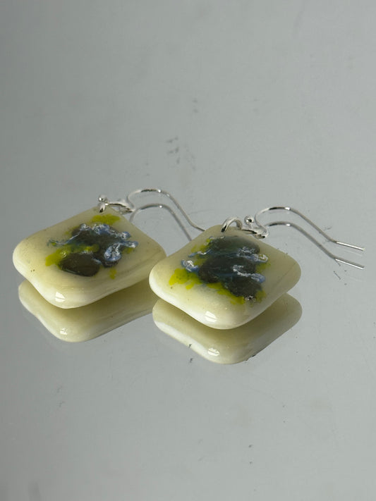 Cream , green and black rhombus fused glass drop earrings