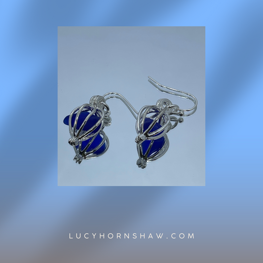 Blue Seaglass in silver cage drop earrings