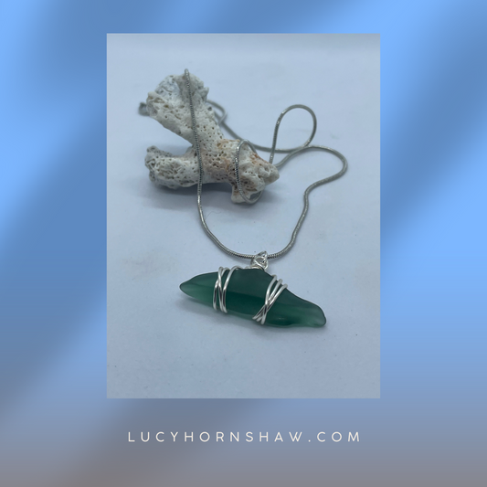 Green seaglass necklace with silver wrap