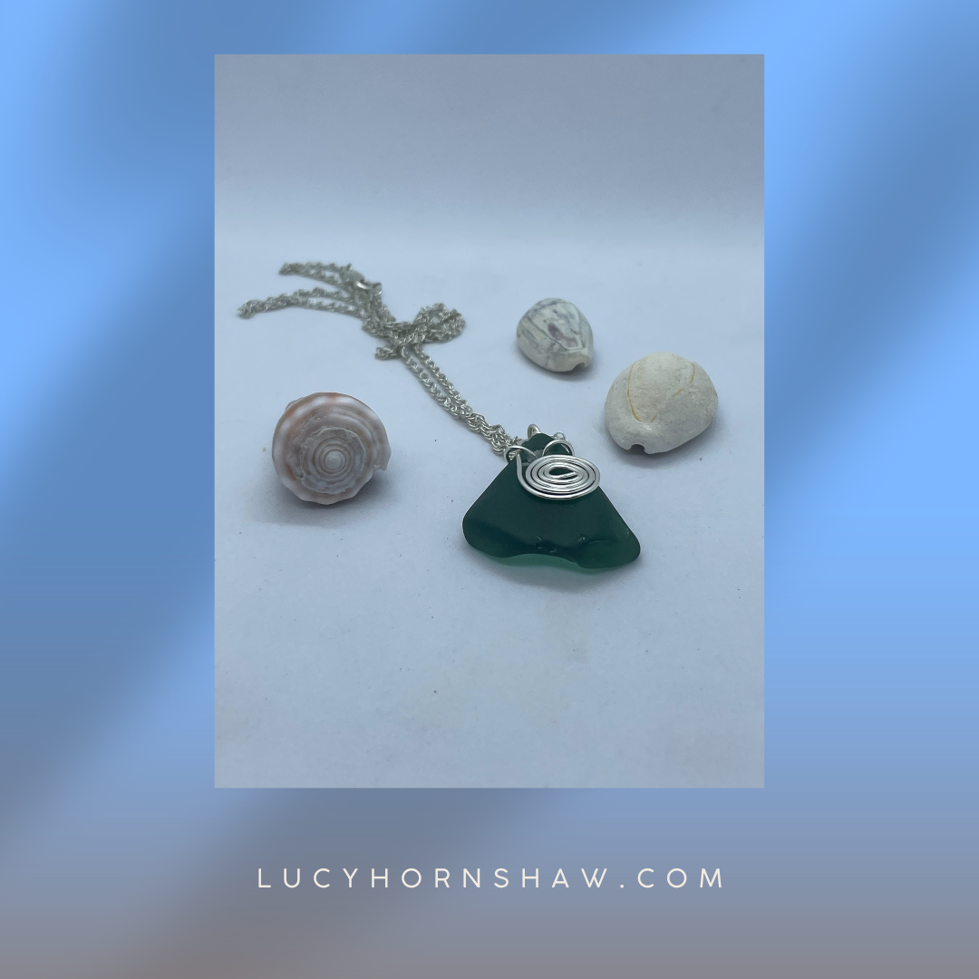 Green seaglass necklace with silver wire