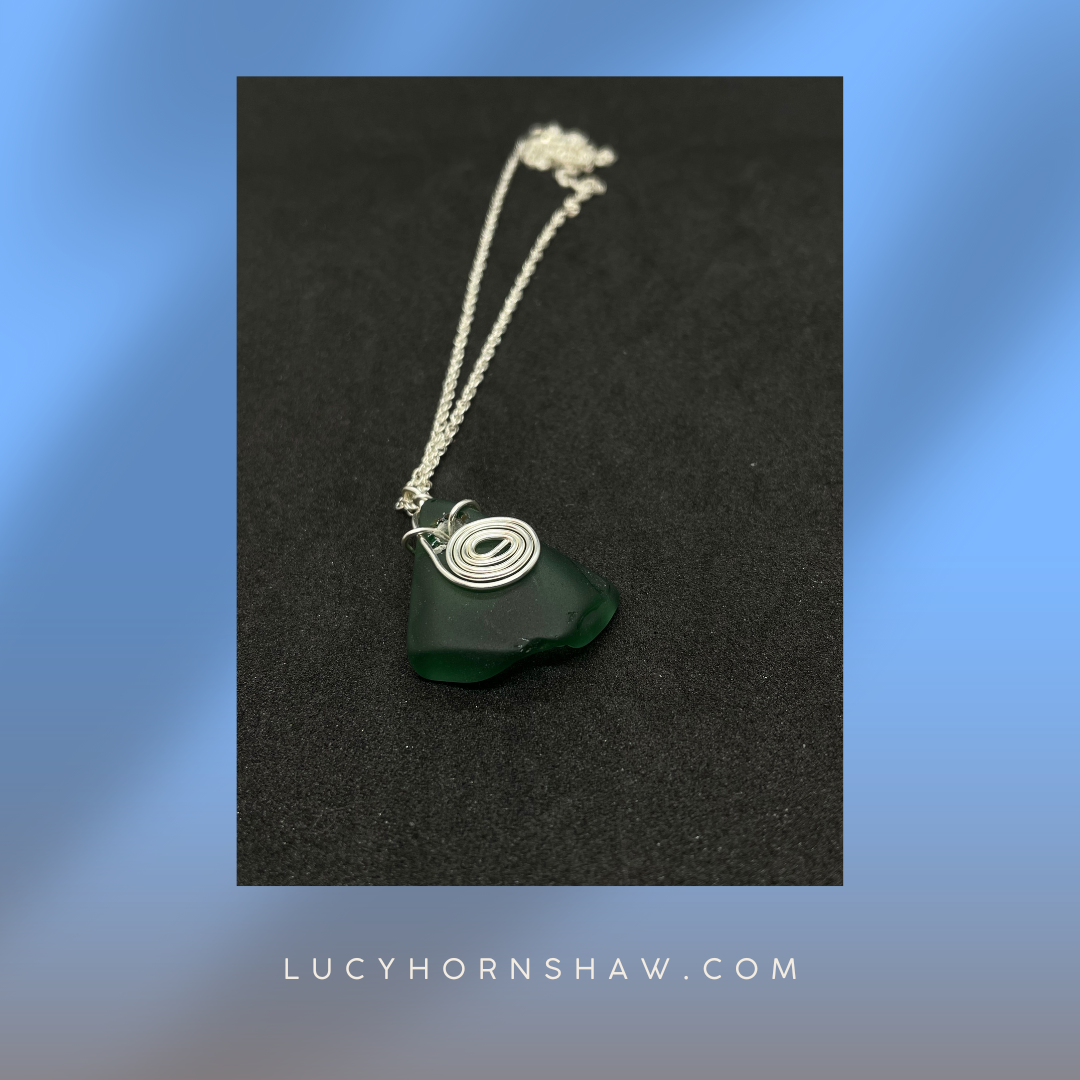Green seaglass necklace with silver wire