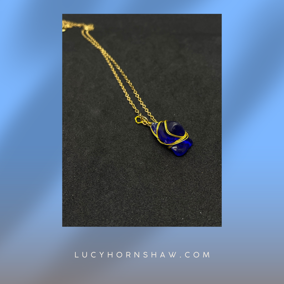 Blue seaglass and gold wire necklace