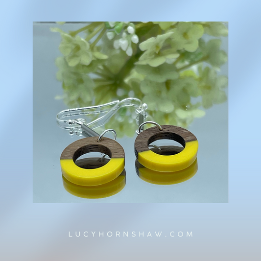 Yellow resin and walnut ring drop earrings