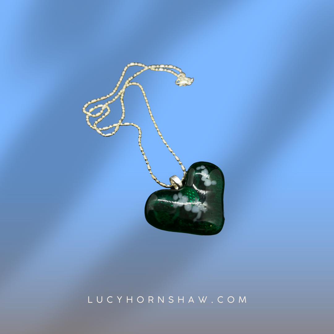Fused green and white glass heart necklace