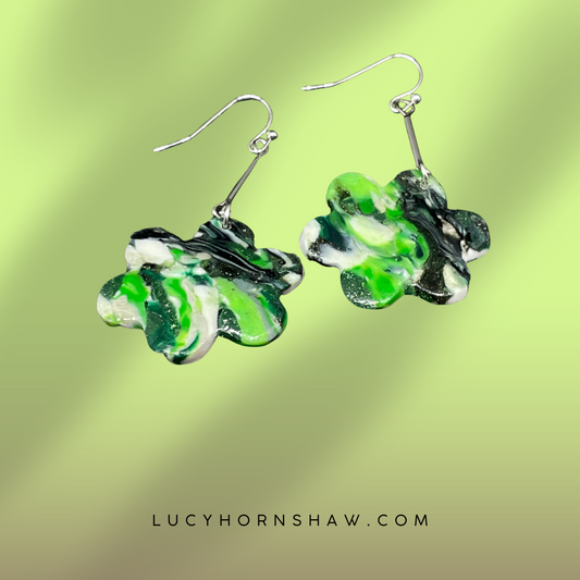 Green and white flower Polymer clay earrings