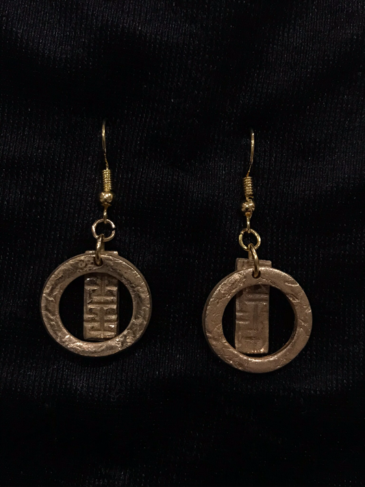 Bronze circle infront of oblong earrings