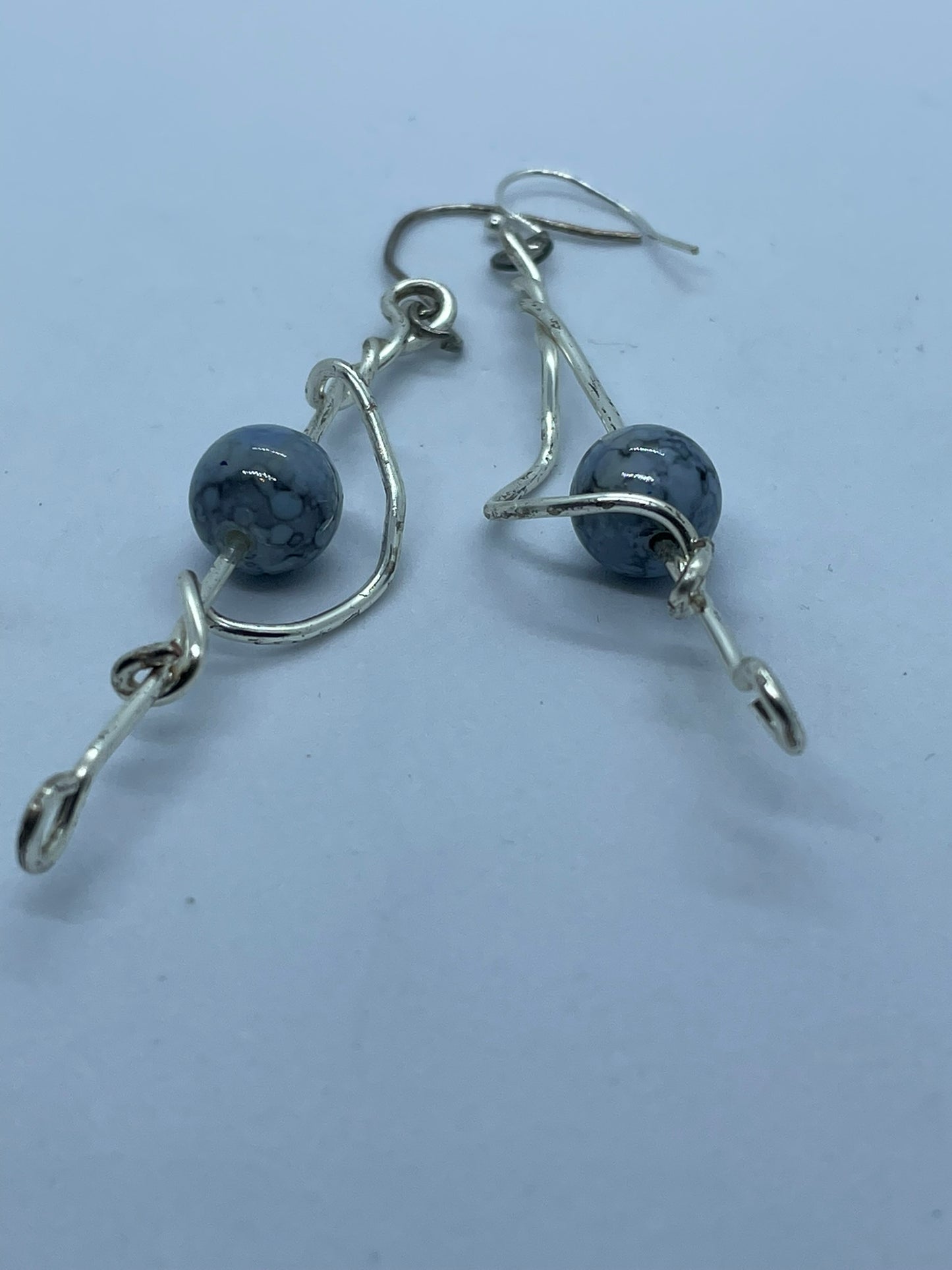 Wire & grey bead earrings with large silver wire twist