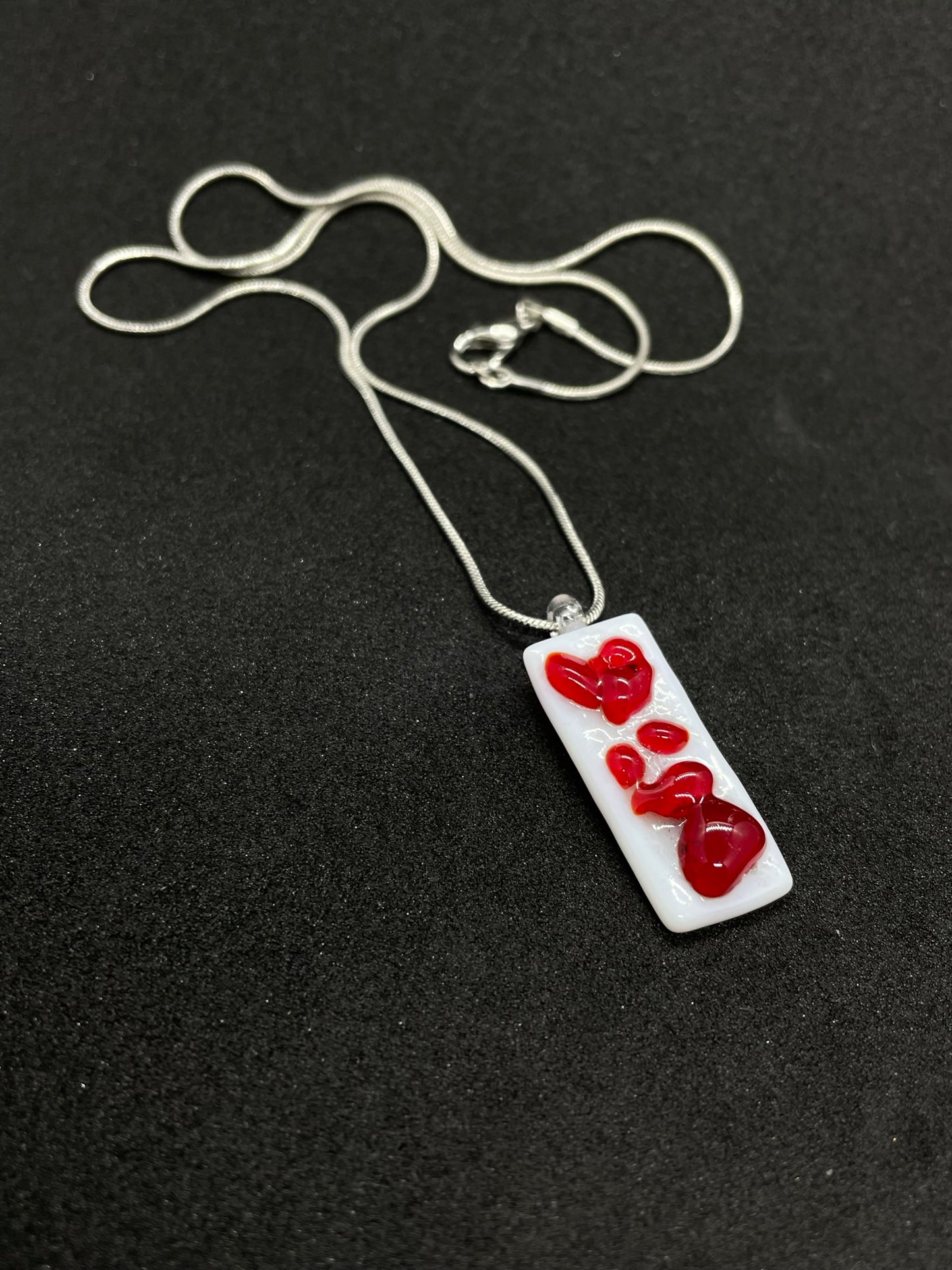 Fused red and white glass oblong necklace