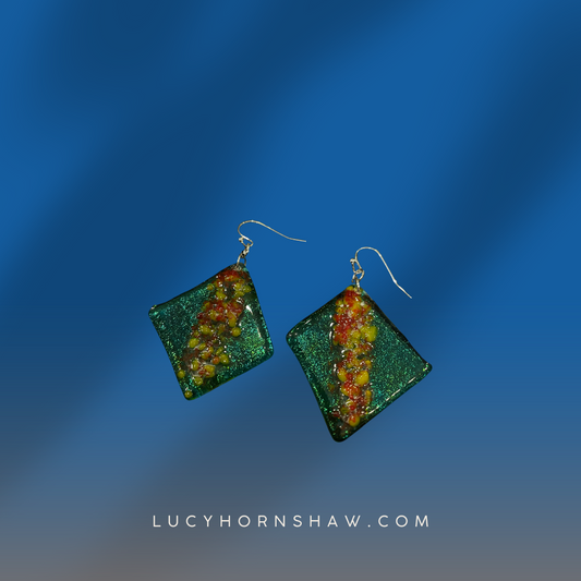 Fused green, yellow & orange glass rhombus earrings