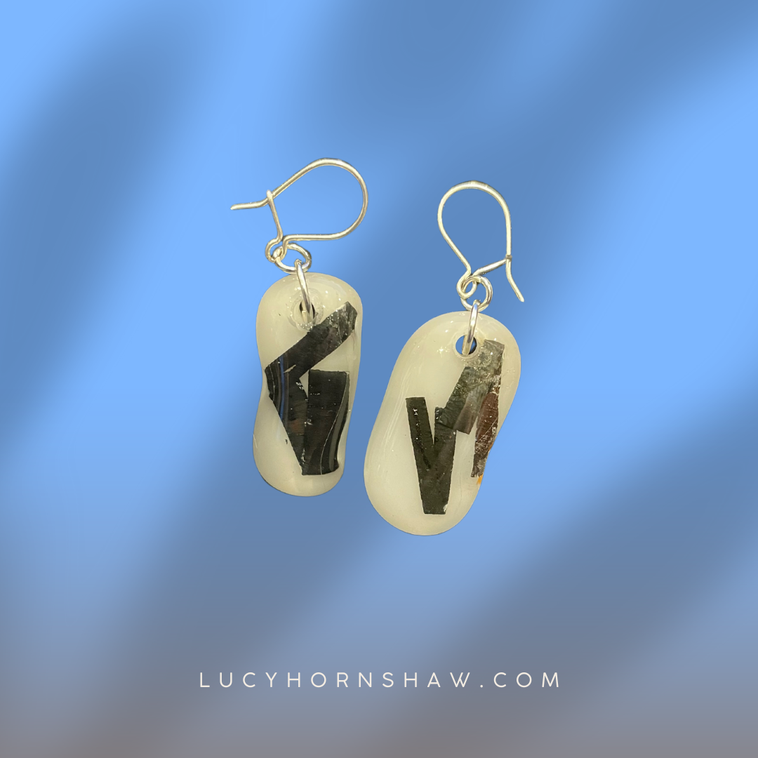 Fused white & copper glass oblong earrings